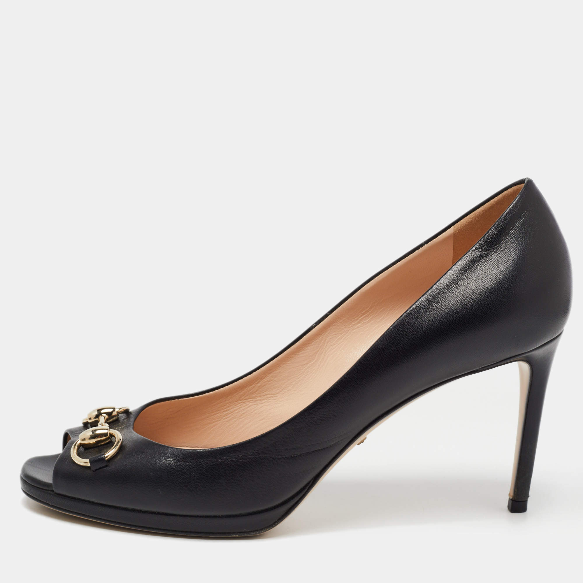 Pre Owned Gucci Black Leather Horsebit Peep Toe Platform Pumps Size 39