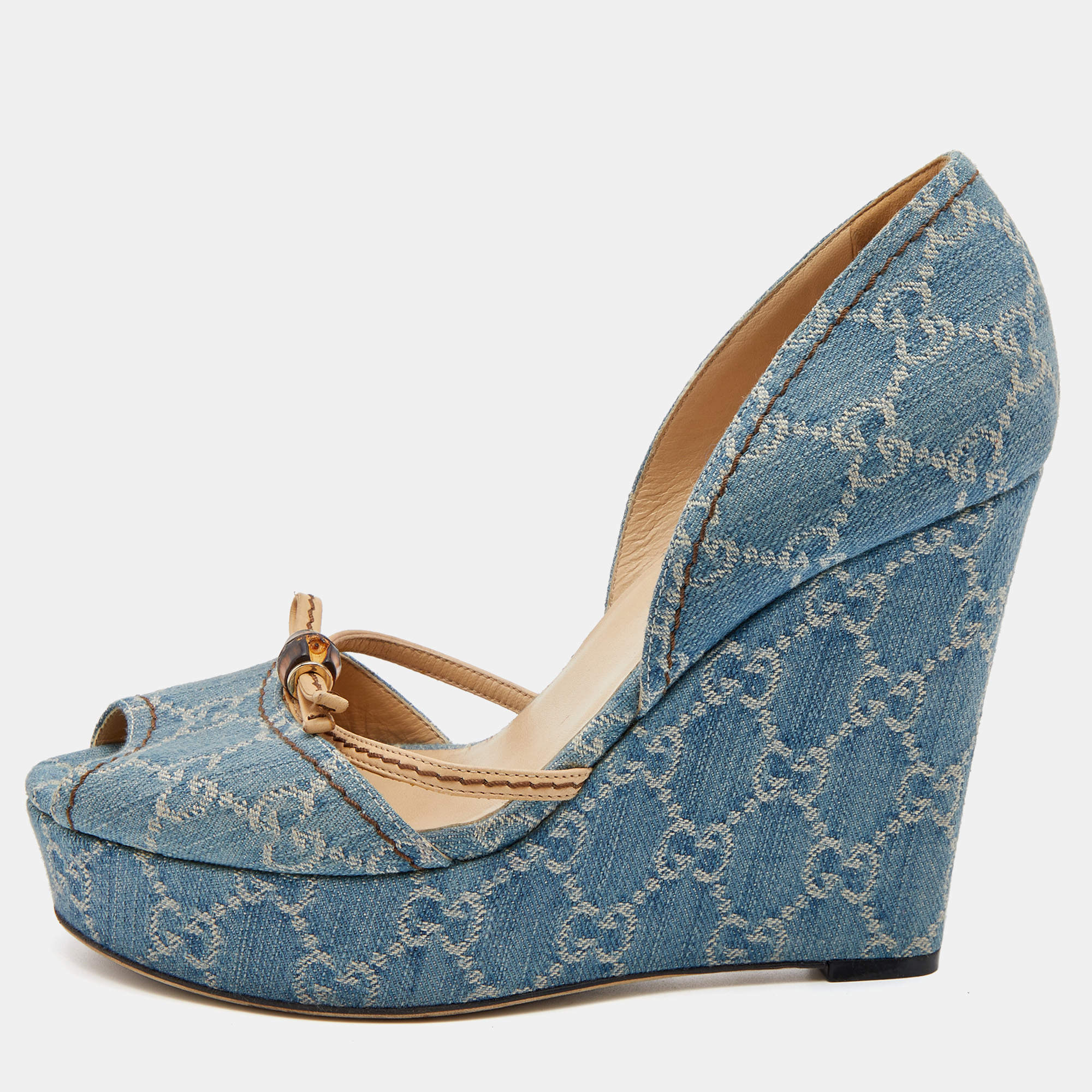 Pre Owned Gucci Blue GG Canvas Bamboo Peep Toe Platform Wedge Pumps Size 39