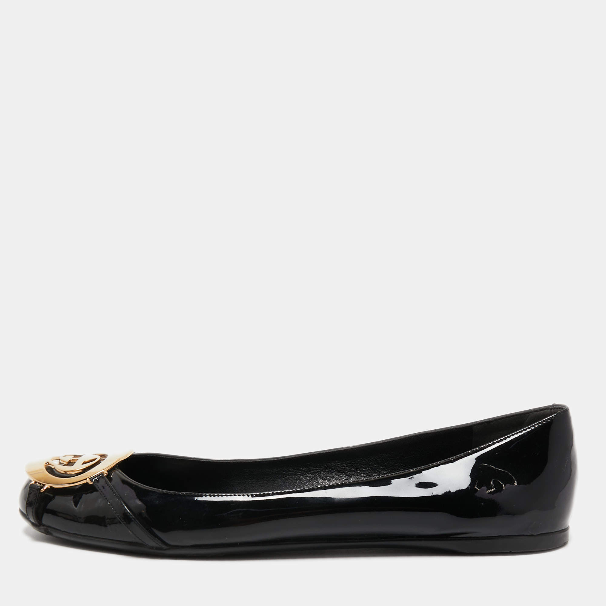 Pre Owned Gucci Black Patent Interlcoking G Ballet Flats Size 38