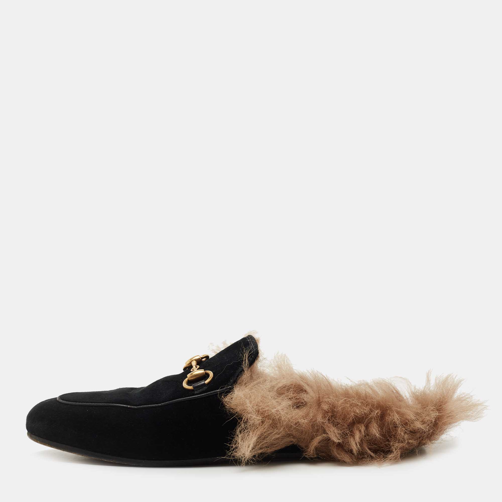 Pre Owned Gucci Black Velvet and Fur Princetown Flat Mules Size 36