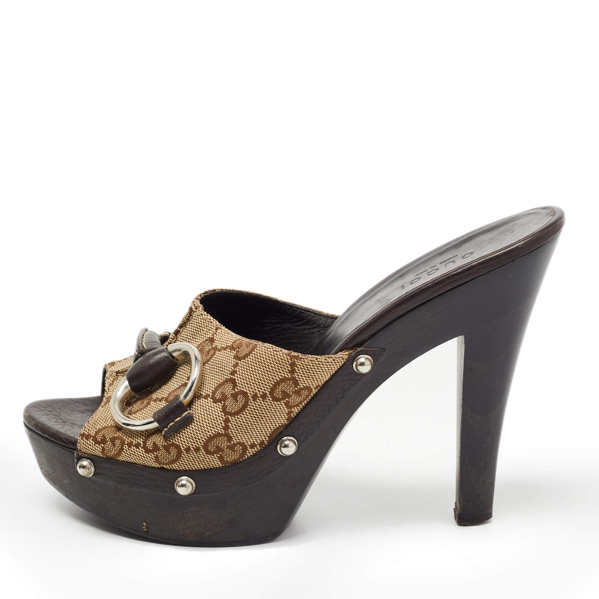 Gucci Beige/Brown GG Canvas and Leather Icon Bit Platform Clogs Size 35.5