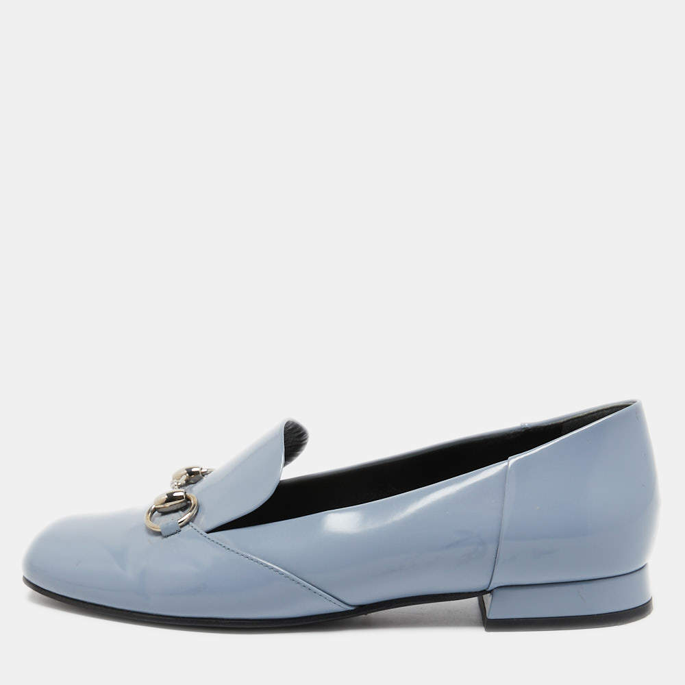 Pre Owned Gucci Light Blue Glossy Leather Horsebit Loafers Size 37.5
