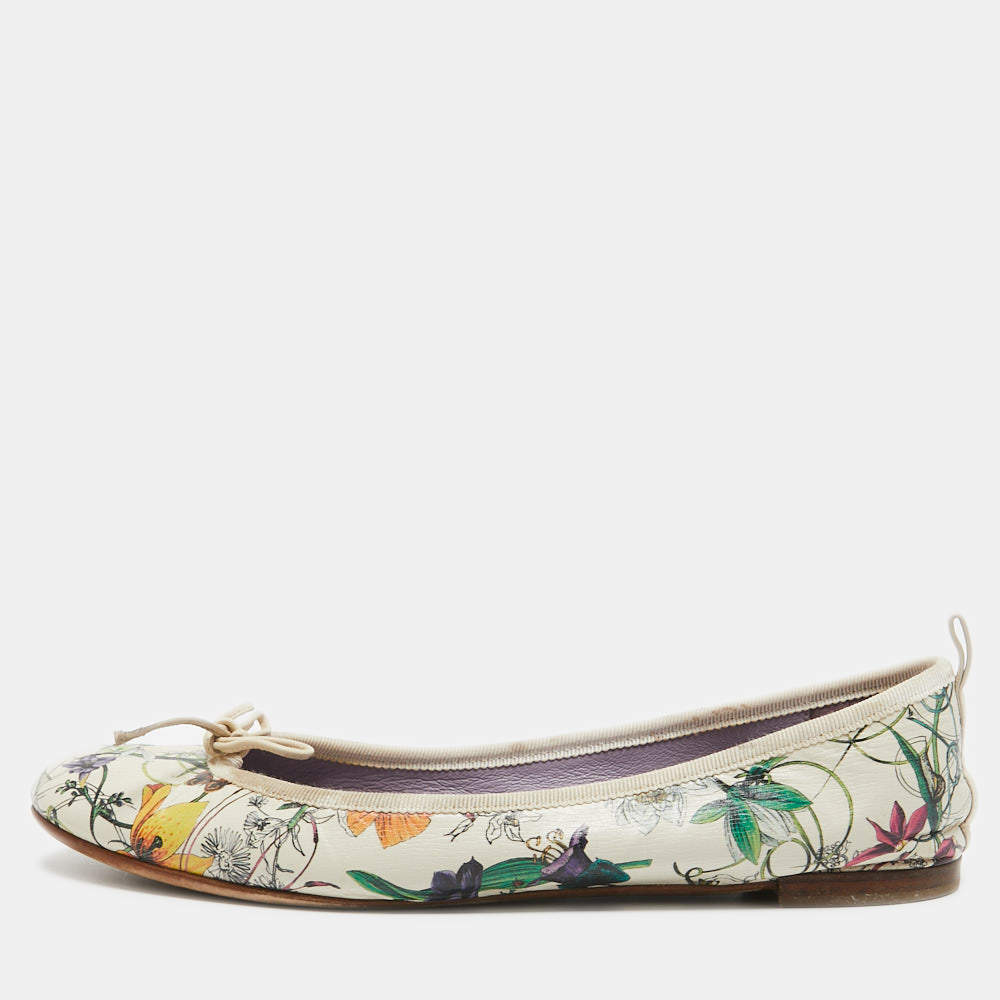 Pre Owned Gucci Multicolor Leather Flora Print Bow Ballet Flats Size 40