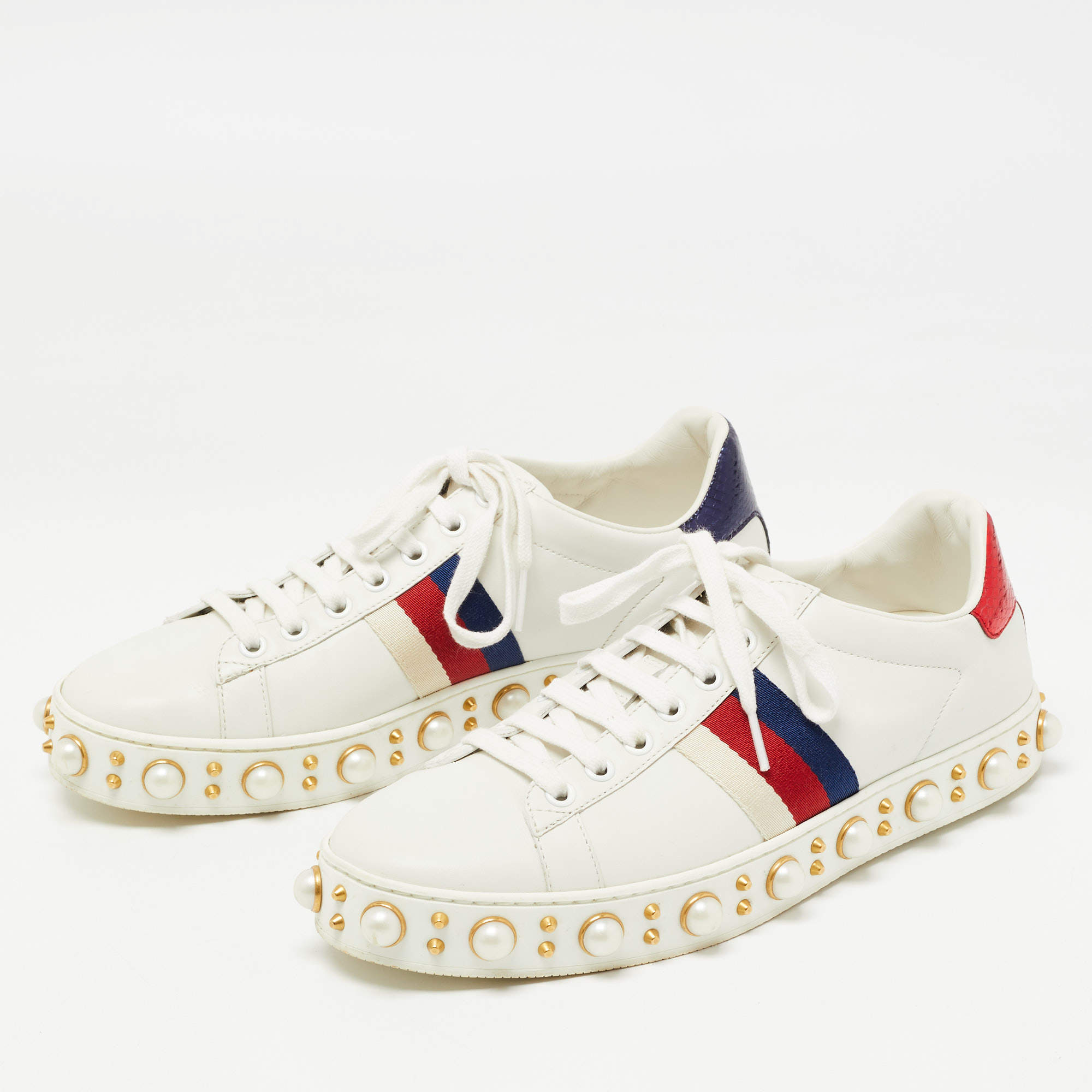 Gucci White Leather Pearl Embellished Ace Sneakers Size Gucci TLC