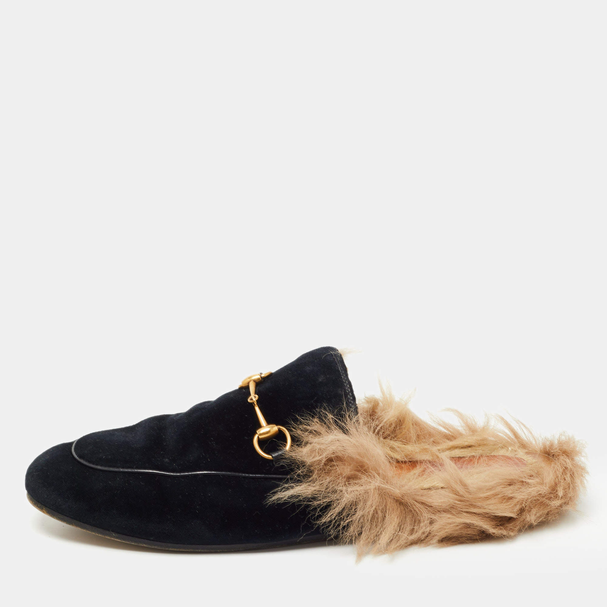 Gucci Navy Blue Fur and Velvet Princetown Mules Size 40.5 