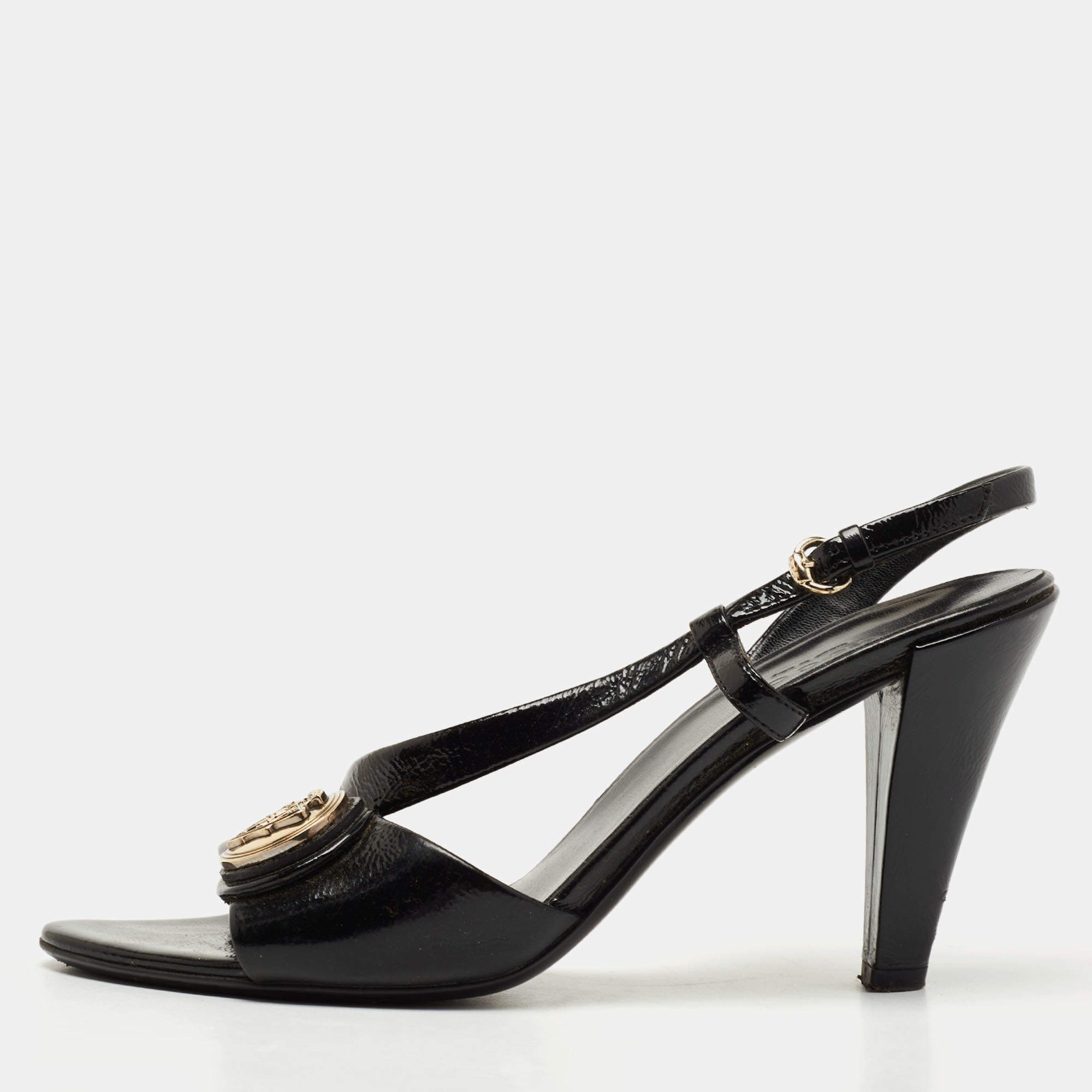 Gucci Black Patent Leather Hysteria Slingback Sandals Size 36.5