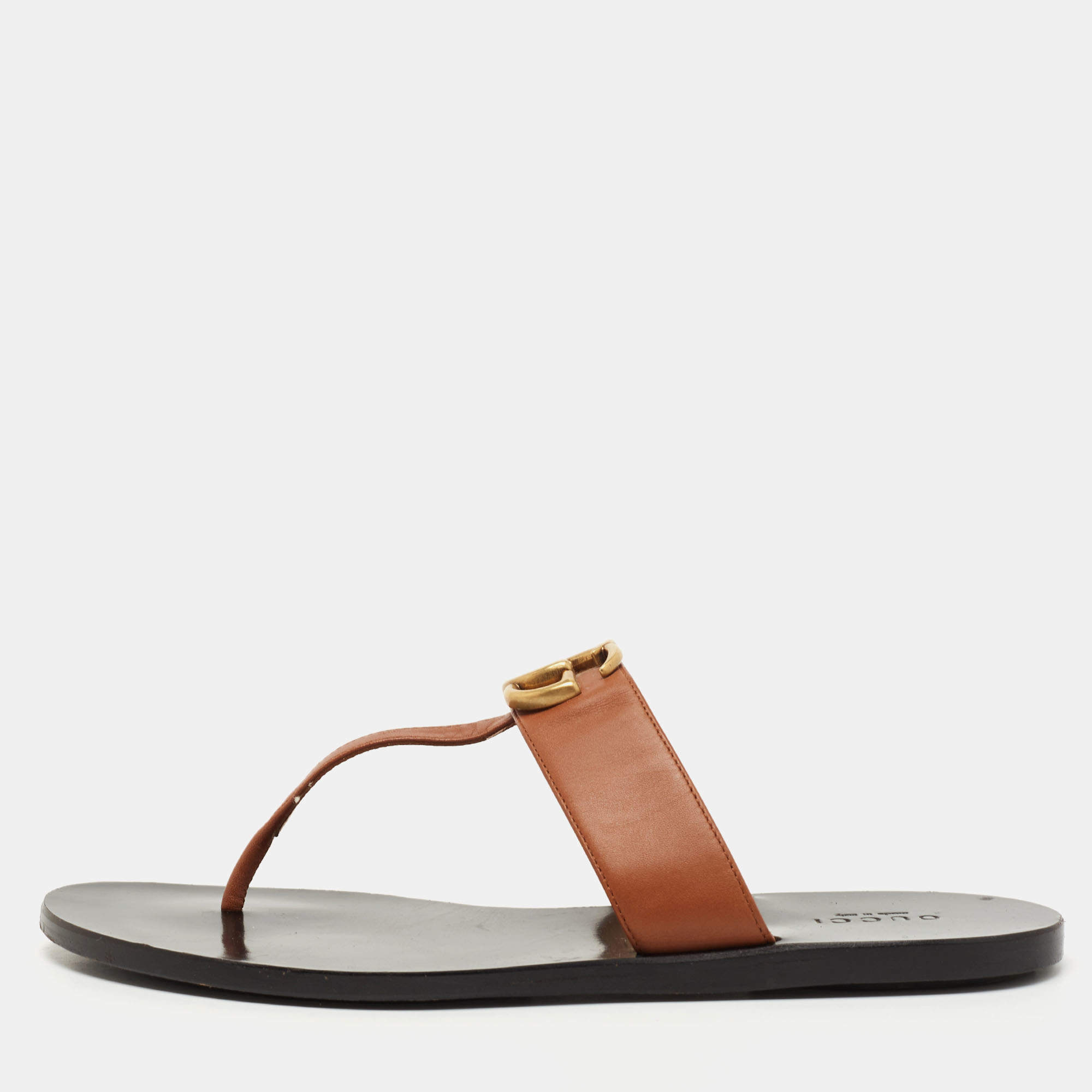 Gucci Brown Leather GG Marmont Thong Flats Size 37.5