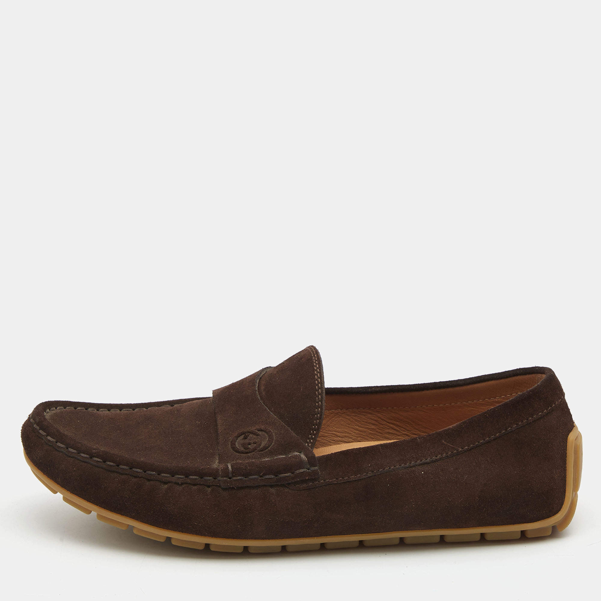 Pre Owned Gucci Brown Suede Interlocking G Logo Loafers Size 37.5