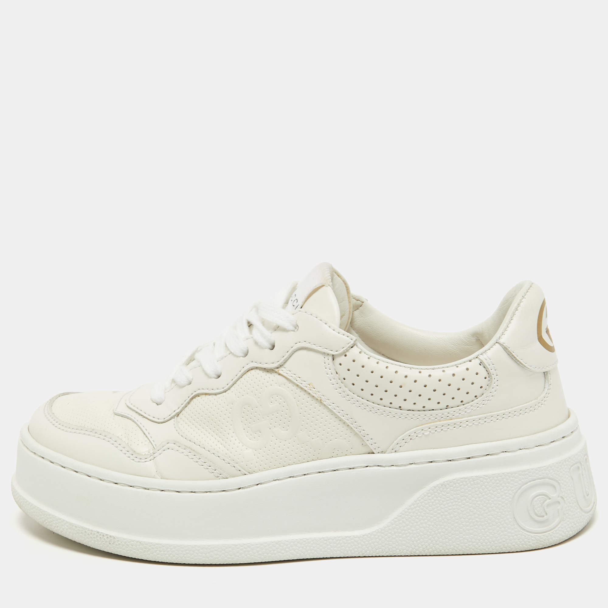 Pre Owned Gucci White Leather GG Embossed Perforated Leather Trainers Sneakers Size 36