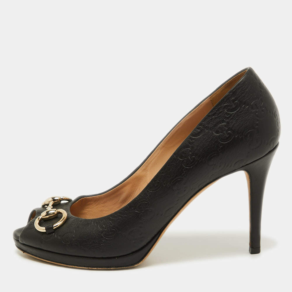 Pre Owned Gucci Black Guccissima Leather New Hollywood Horsebit Peep-Toe Platform Pumps Size 38