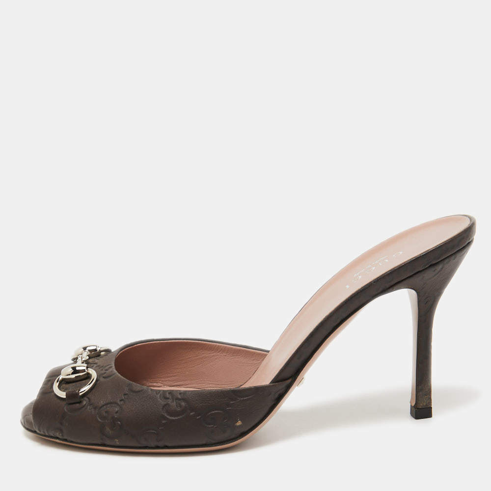 Gucci Dark Brown Guccissima Leather Horsebit Slide Sandals Size 38.5