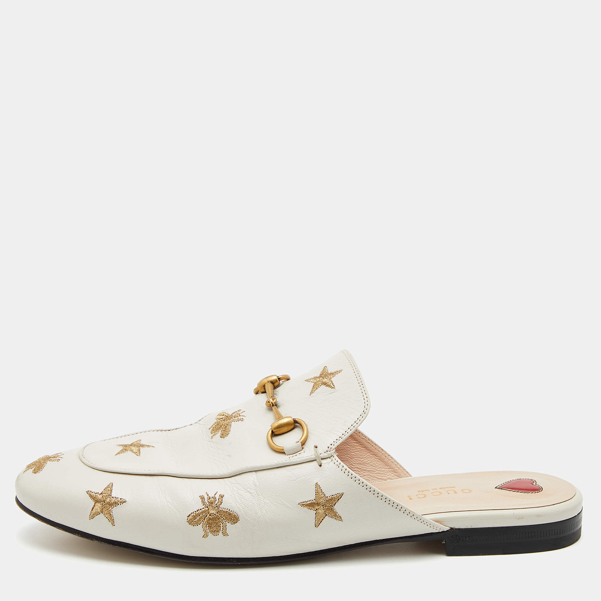 Pre Owned Gucci Cream Leather Bee and Star Embroidered Princetown Flat Mules Size 39