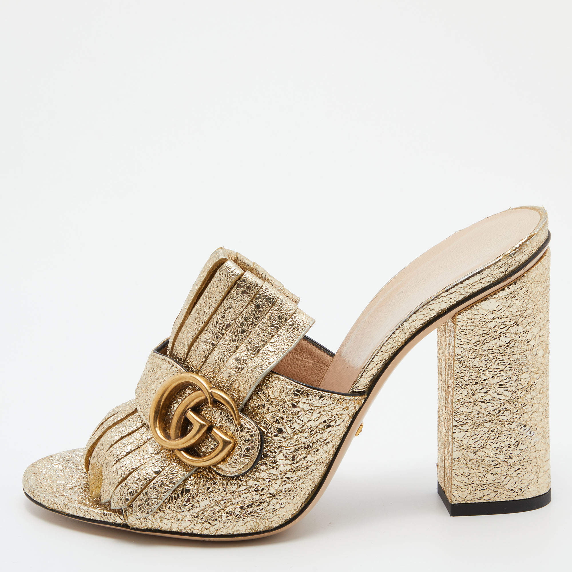 Gucci Metallic Gold Texture Leather Double G Marmont Fringe Slide Sandals Size 39