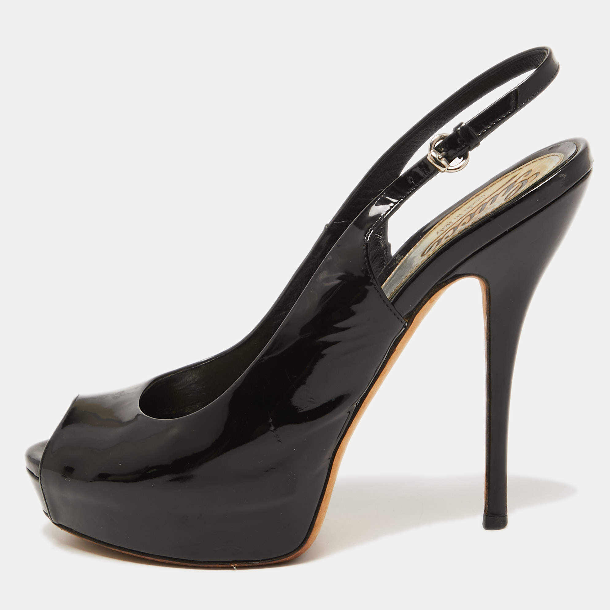 مملوكة مسبقًا Gucci Black Patent Leather Sofia Platform Slingback Sandals Size 37.5
