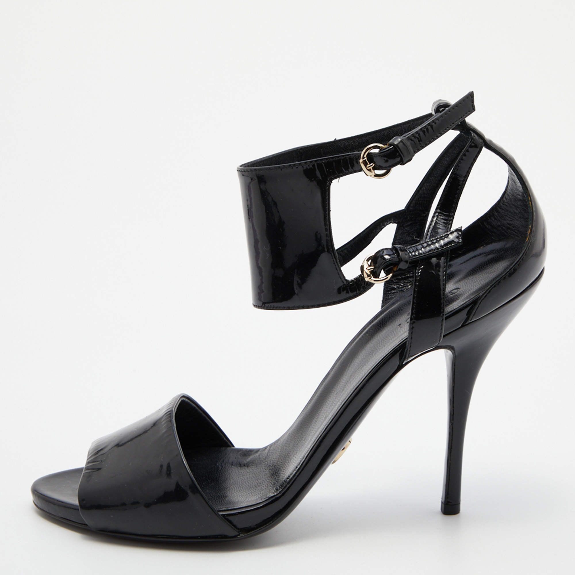 Gucci Black Patent Leather Open Toe Ankle Strap Sandals Size 38.5