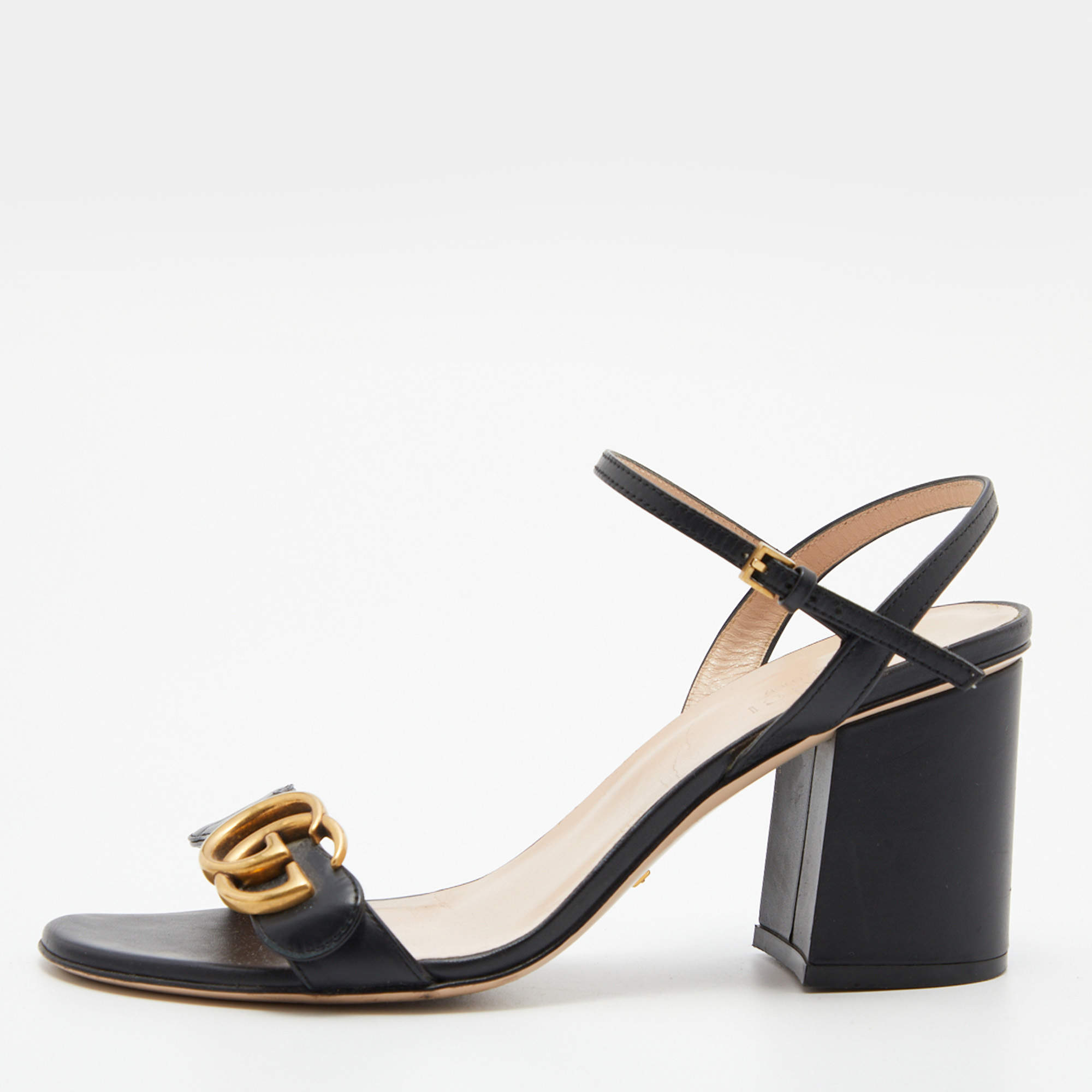 Gucci Black Leather GG Marmont Ankle Strap Sandals Size 37.5
