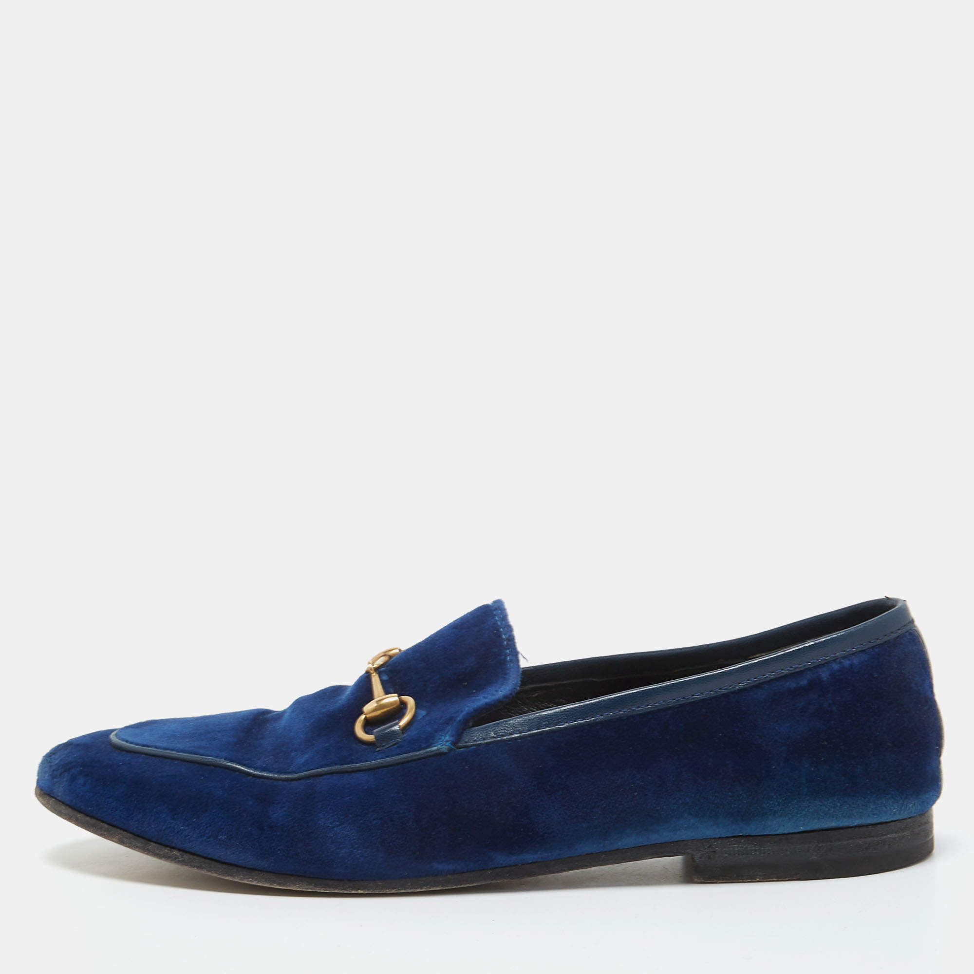 Pre Owned Gucci Blue Velvet Jordaan Loafers Size 38.5