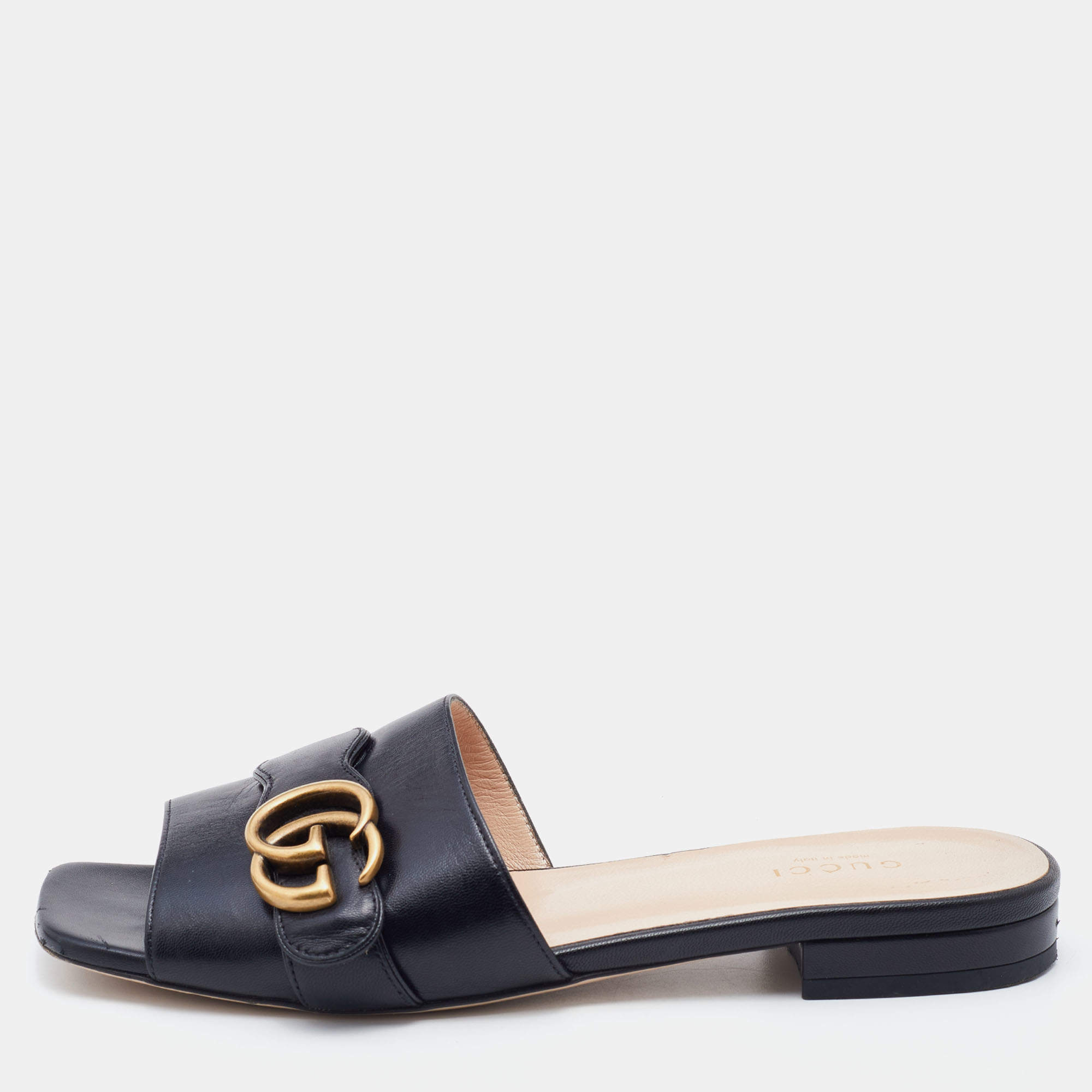 Gucci Black Leather Interlocking G Buckle Slide Sandals Size 37