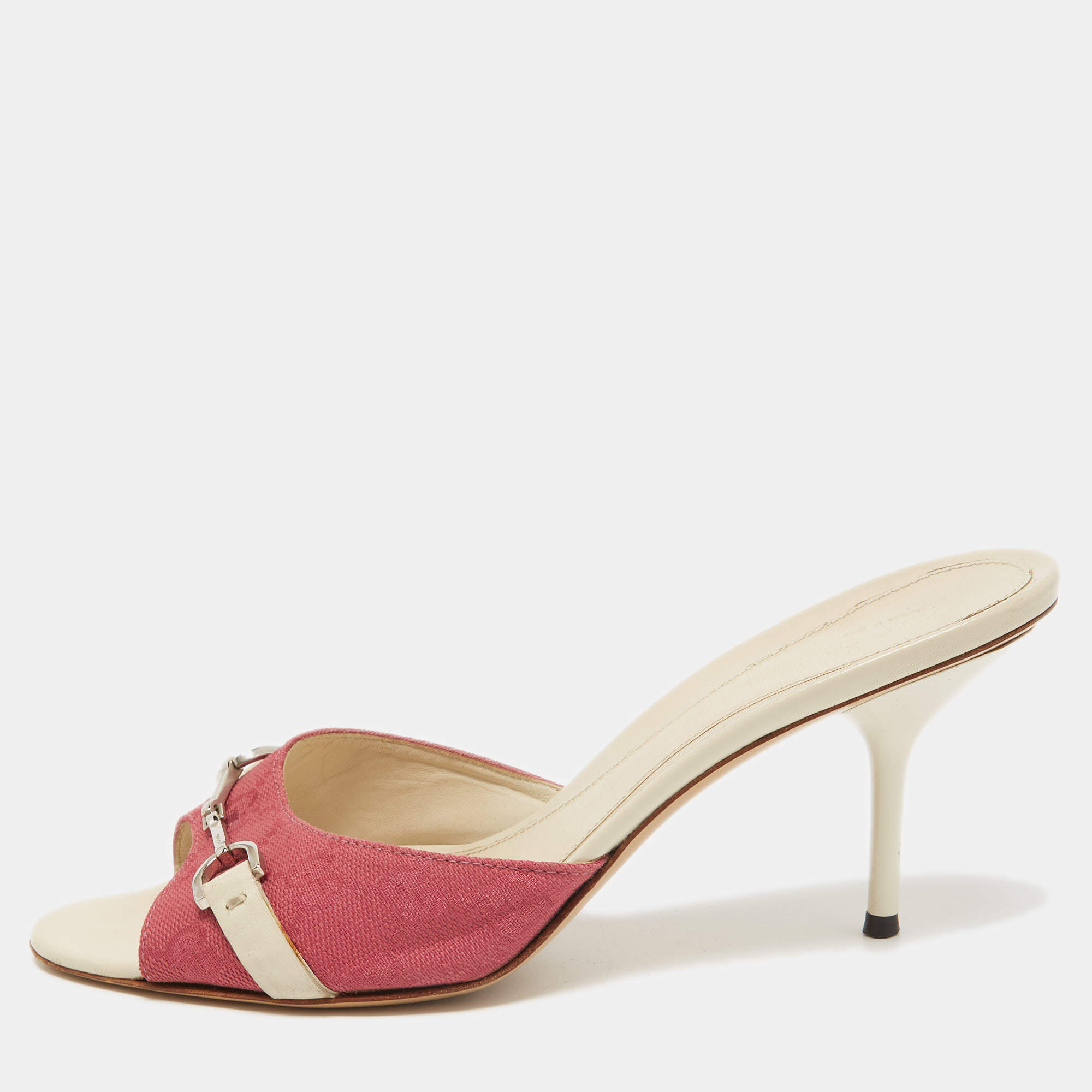 Gucci Pink GG Canvas Horsebit Slides Size 38.5  