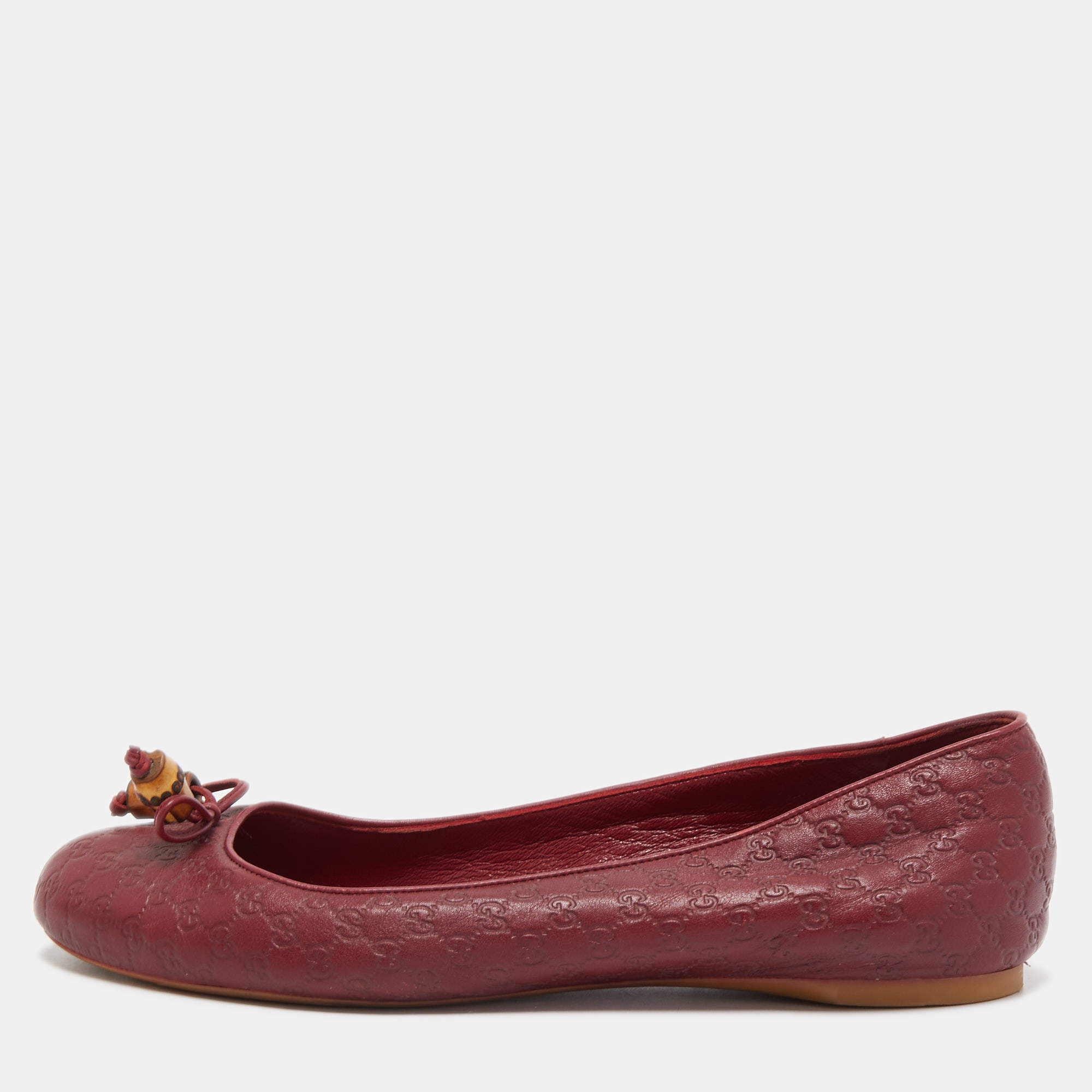 Pre Owned Gucci Burgundy Guccissima Leather Bamboo Bow Tassel Ballet Flats Size 38