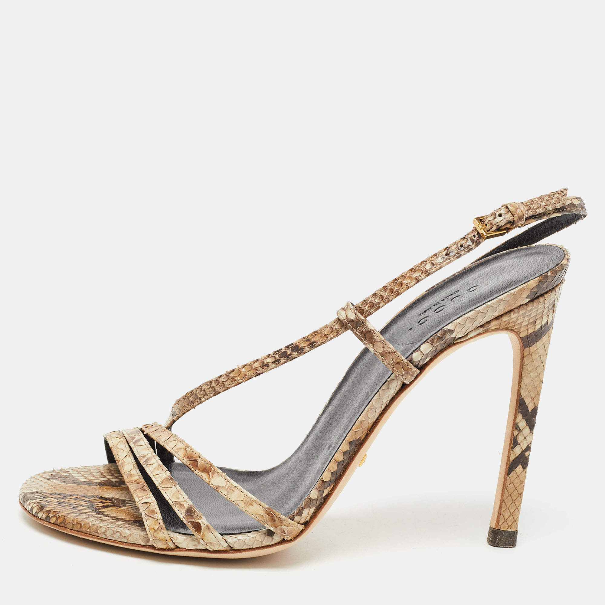 Pre Owned Gucci Beige/Brown Python Ankle Strap Sandals Size 37.5