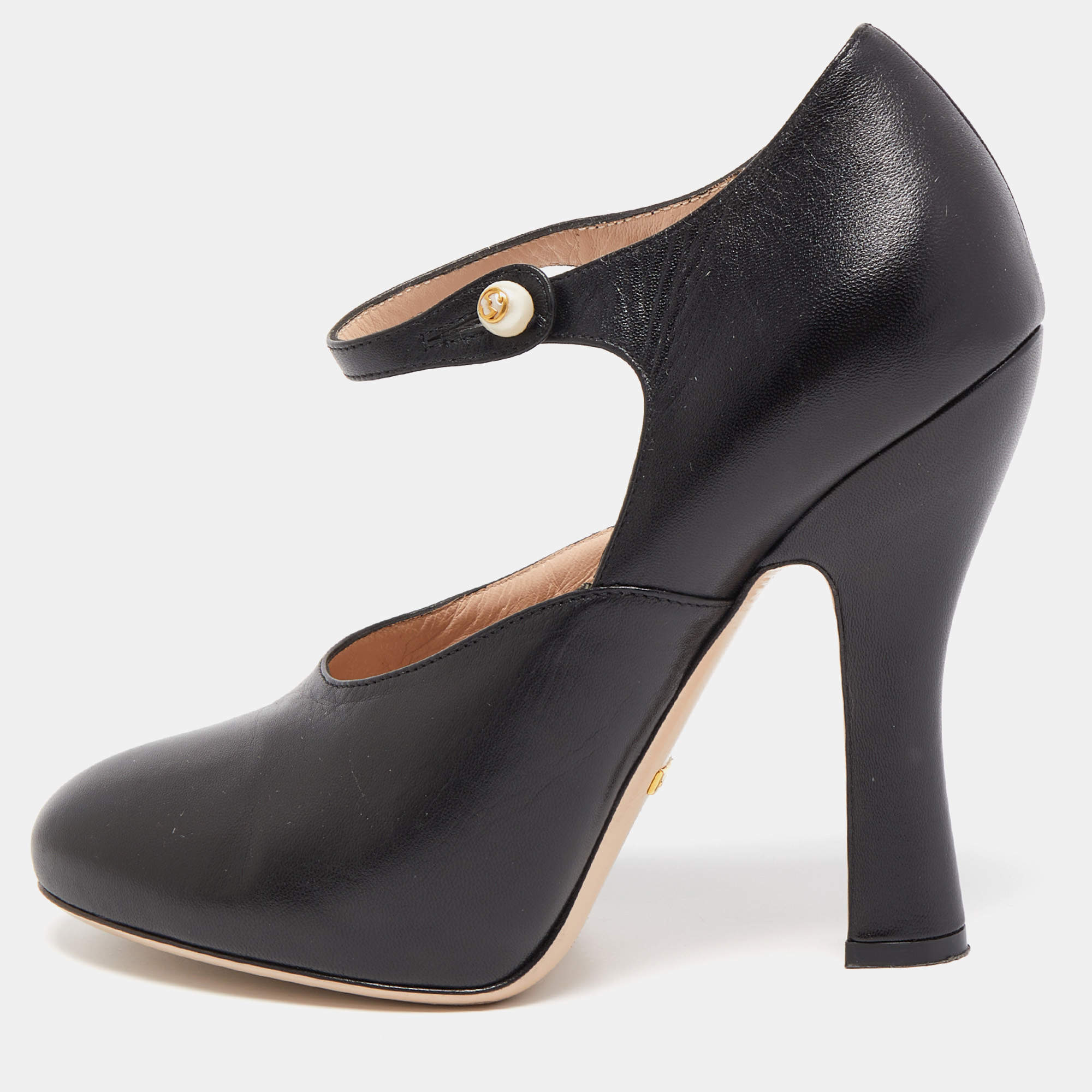 Gucci Black Leather Lesley Ankle Strap Pumps Size 38