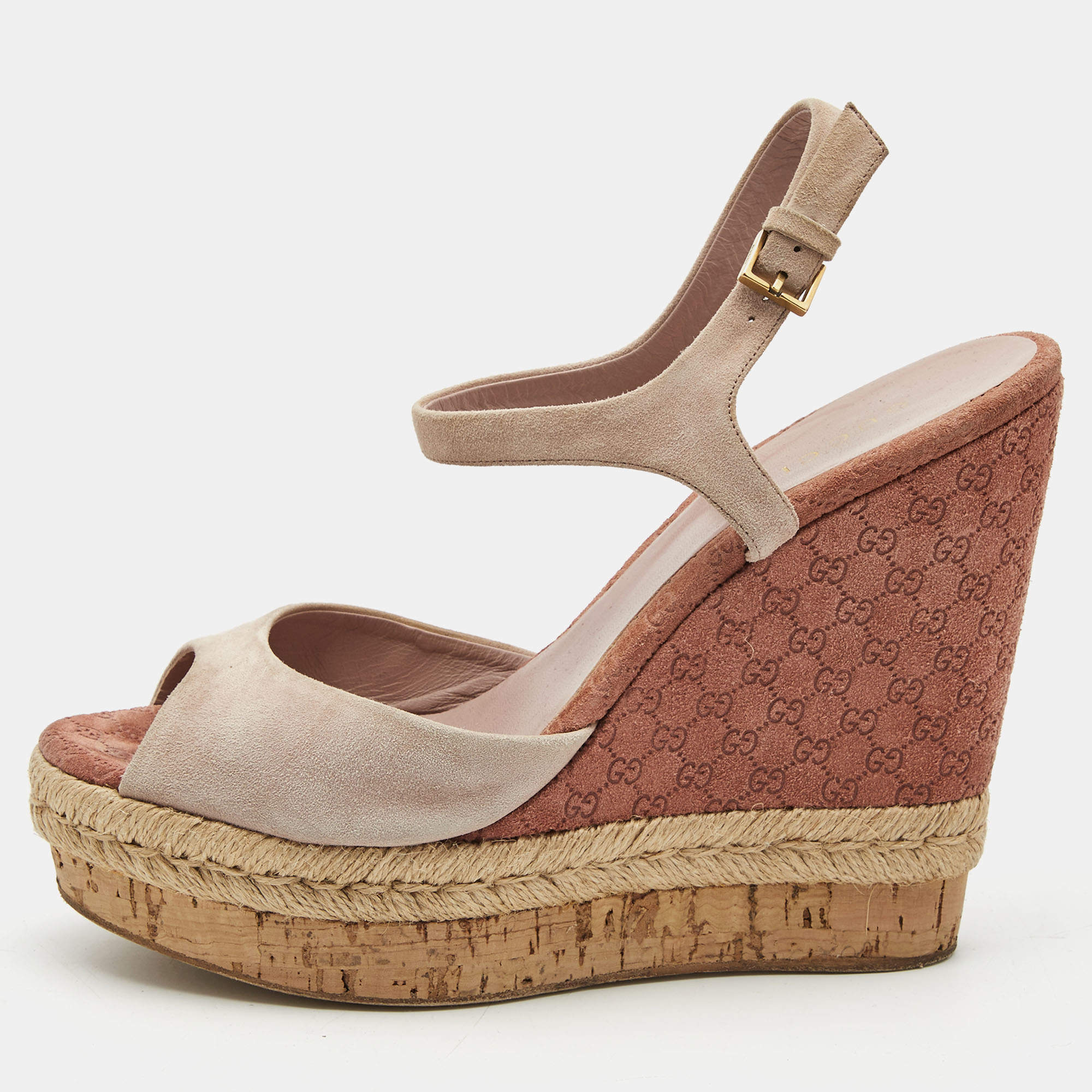 Gucci Dusty Pink Suede Wedge Platform Ankle Strap Sandals Size 38.5