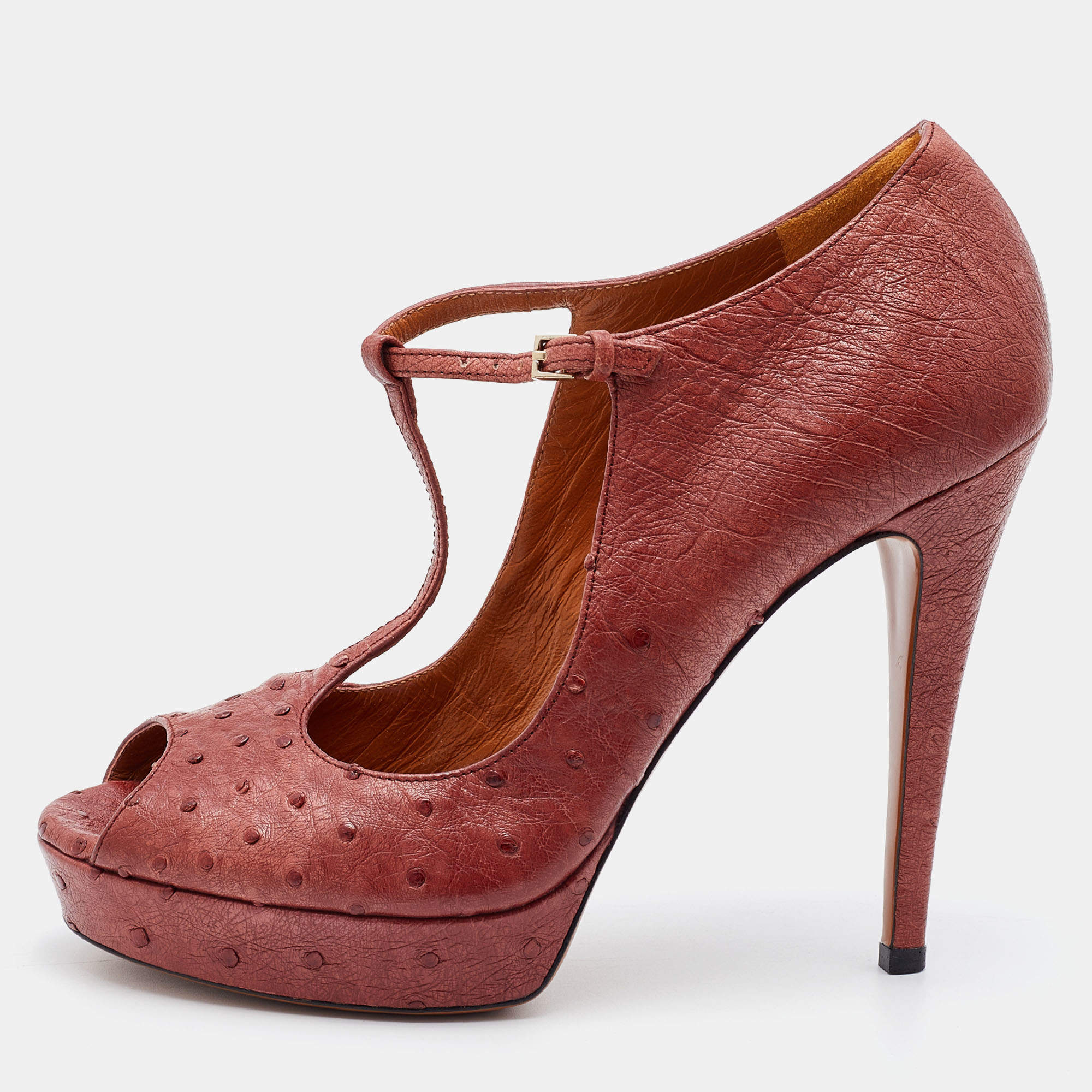 Gucci Rust Ostrich Betty T-Strap Platform Pumps Size 38