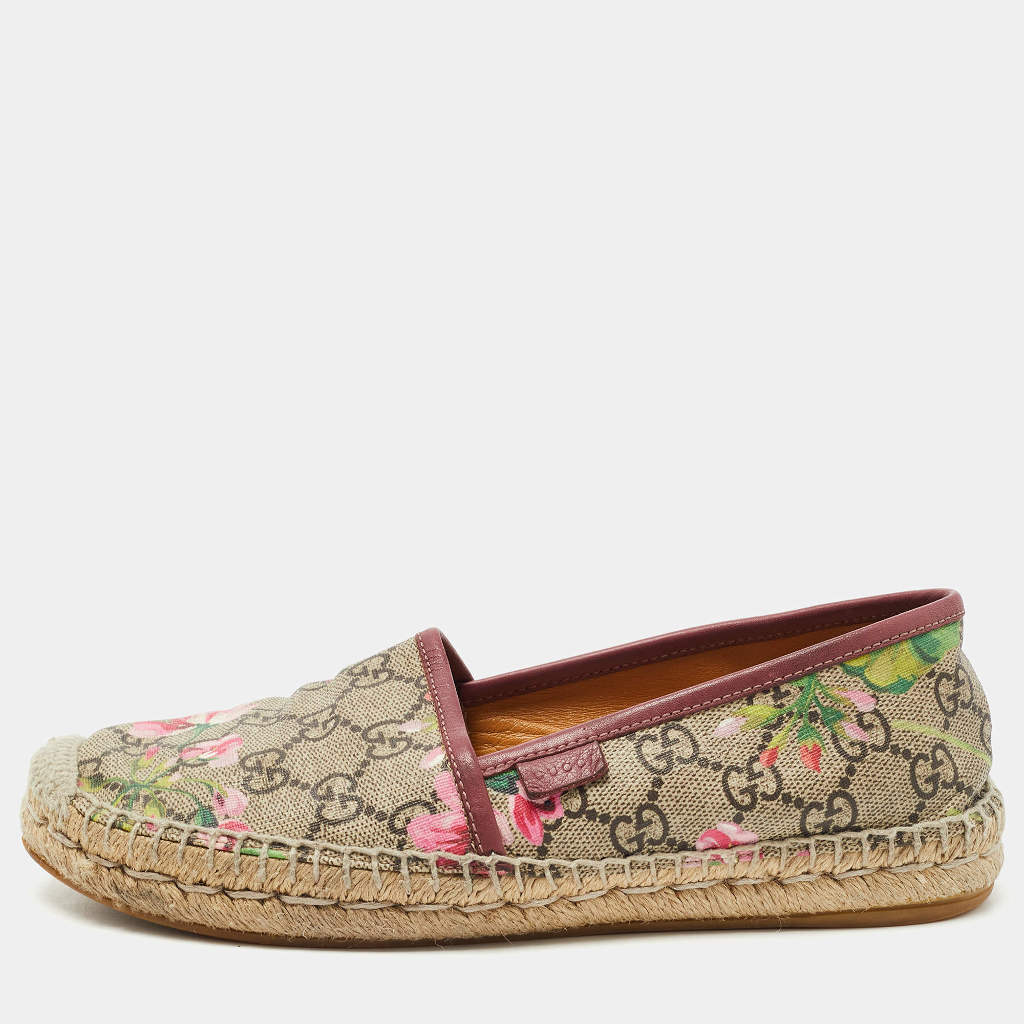 Pre Owned Gucci Beige/Brown GG Floral Print Supreme Canvas Espadrille Flats Size 36