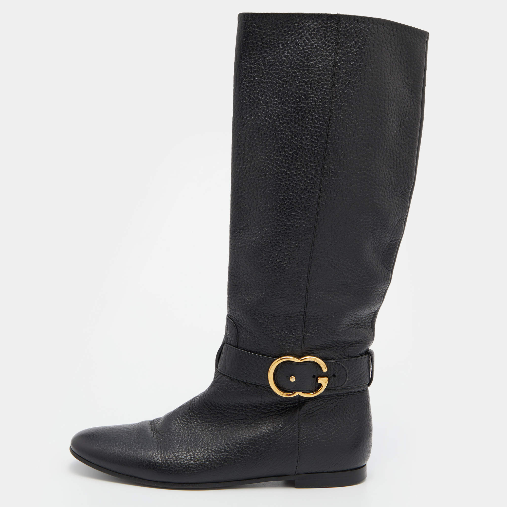 Pre Owned Gucci Black Leather Knee Length Boots Size 38.5
