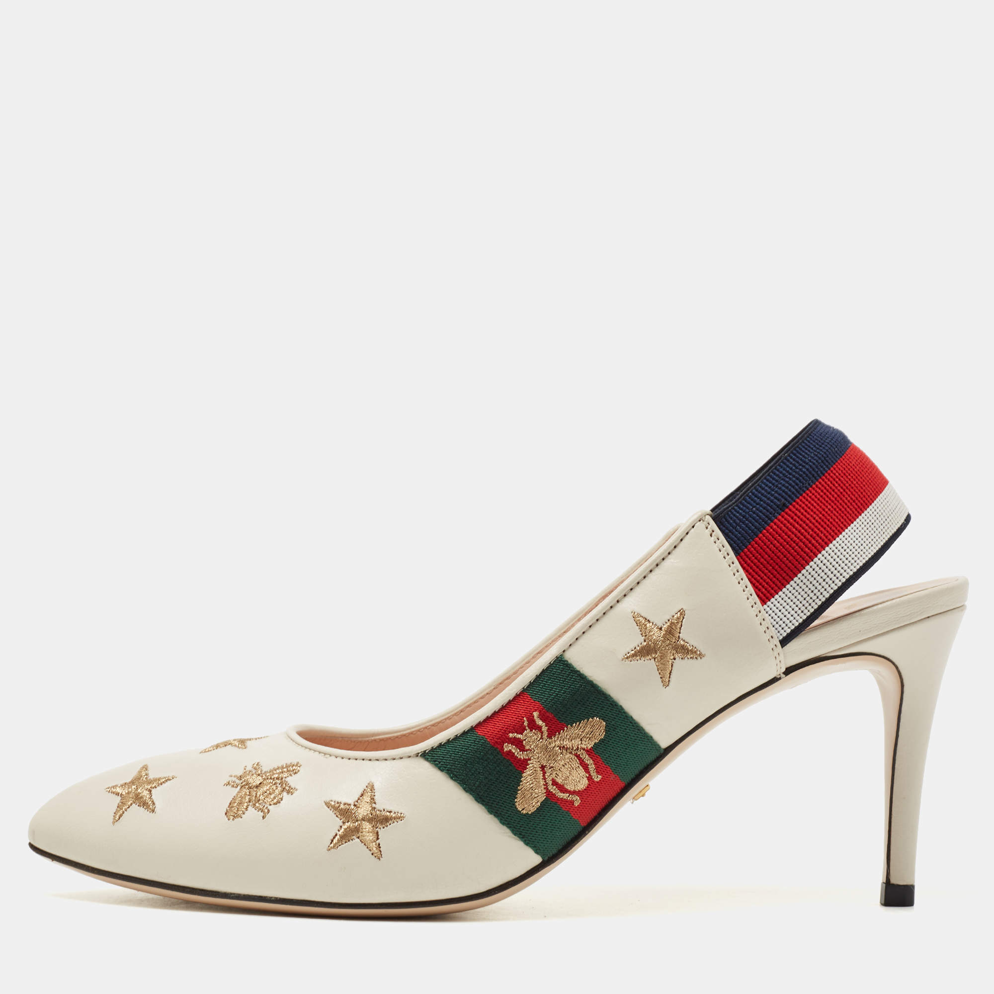 Pre Owned Gucci Cream Leather Web  Sylvie Slingback Pumps Size 38