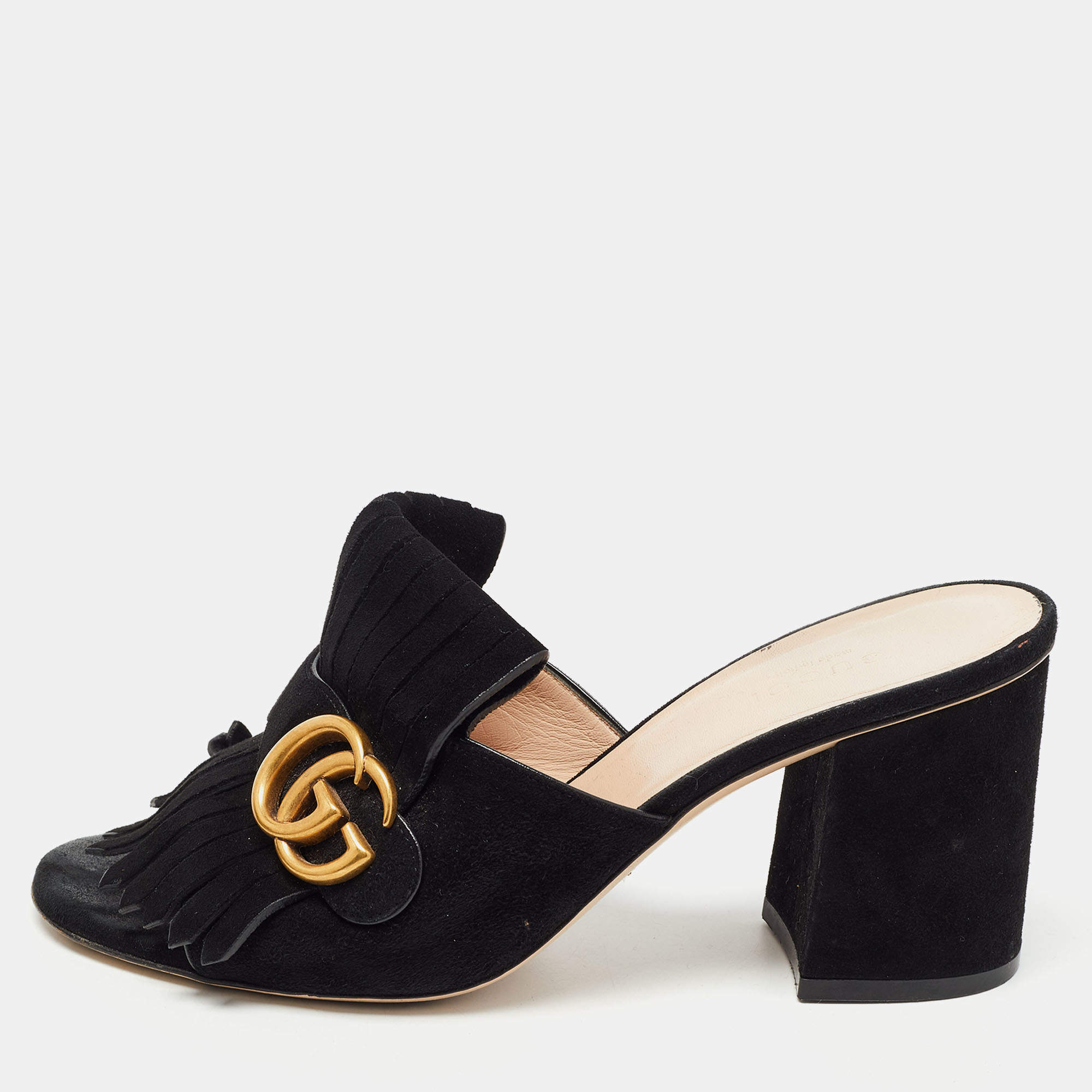 Gucci Black Suede Double G Slide Sandals Size 38