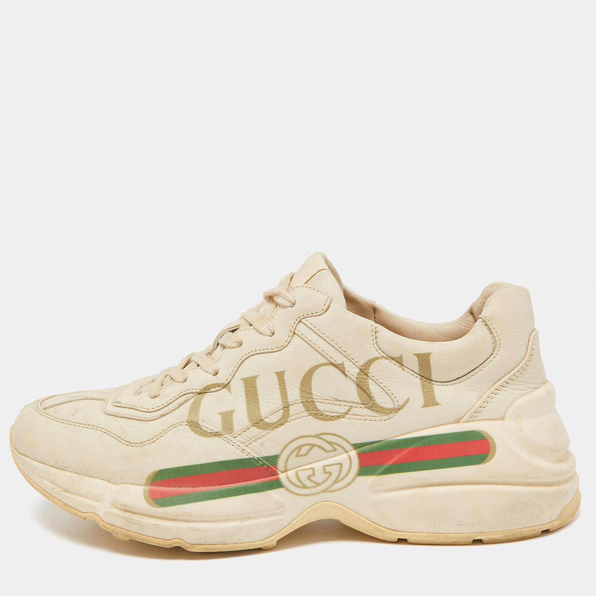 Gucci Beige Leather Rhyton Low Top Sneakers Size 40