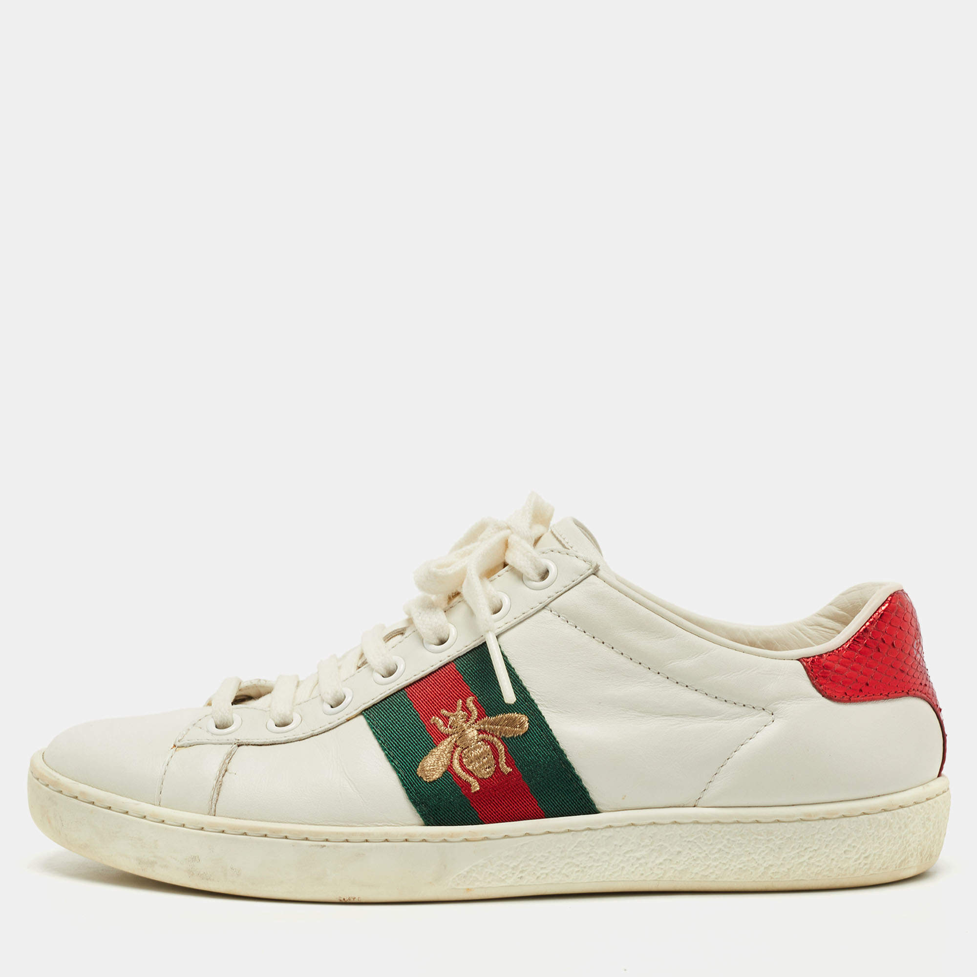 Gucci White Leather and Snake Embossed  Ace  Sneakers Size 36