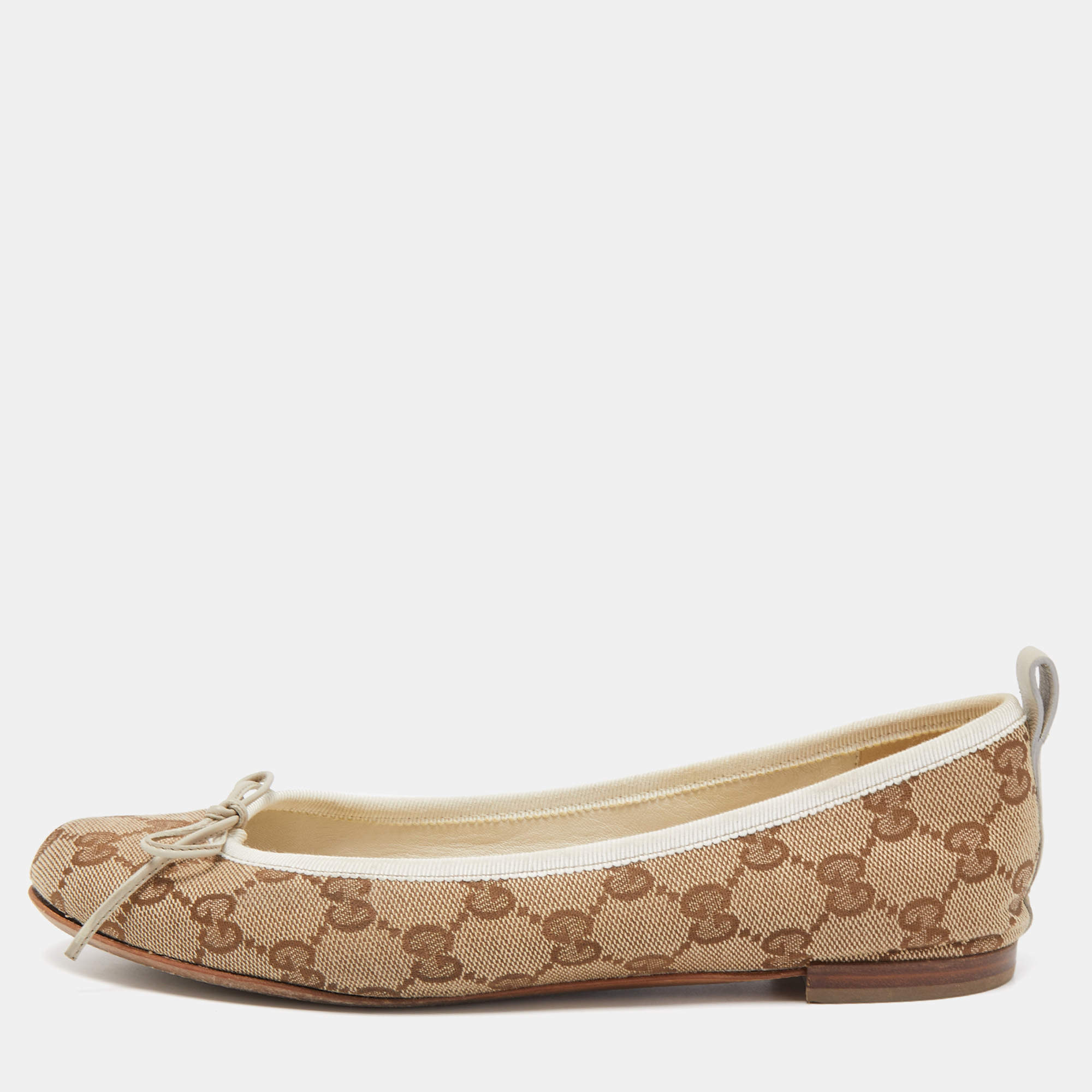 Gucci Beige/Brown GG Canvas And Leather Bow Ballet Flats Size 37