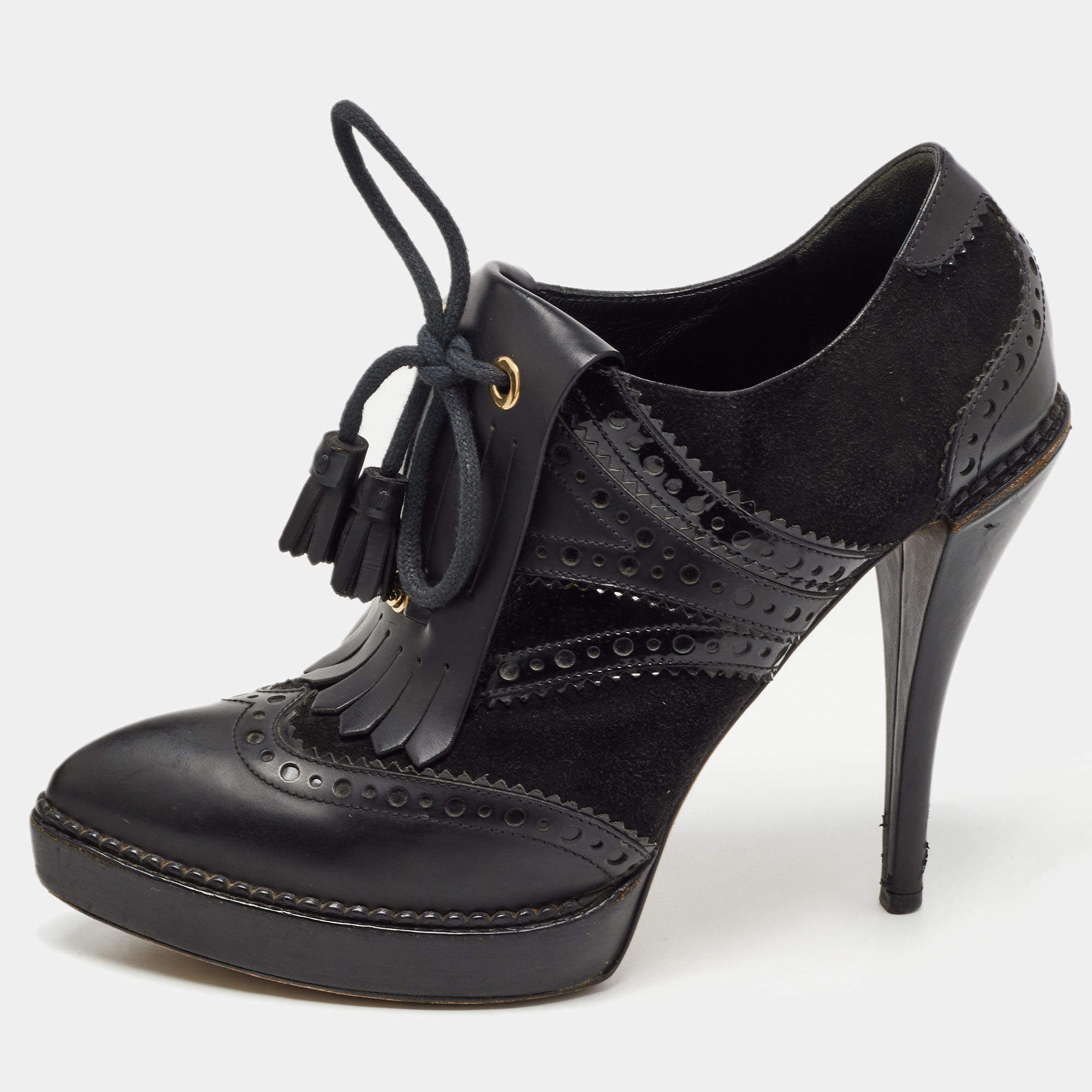 Pre Owned Gucci Black Leather and Suede Wimbledon Booties Size 38.5