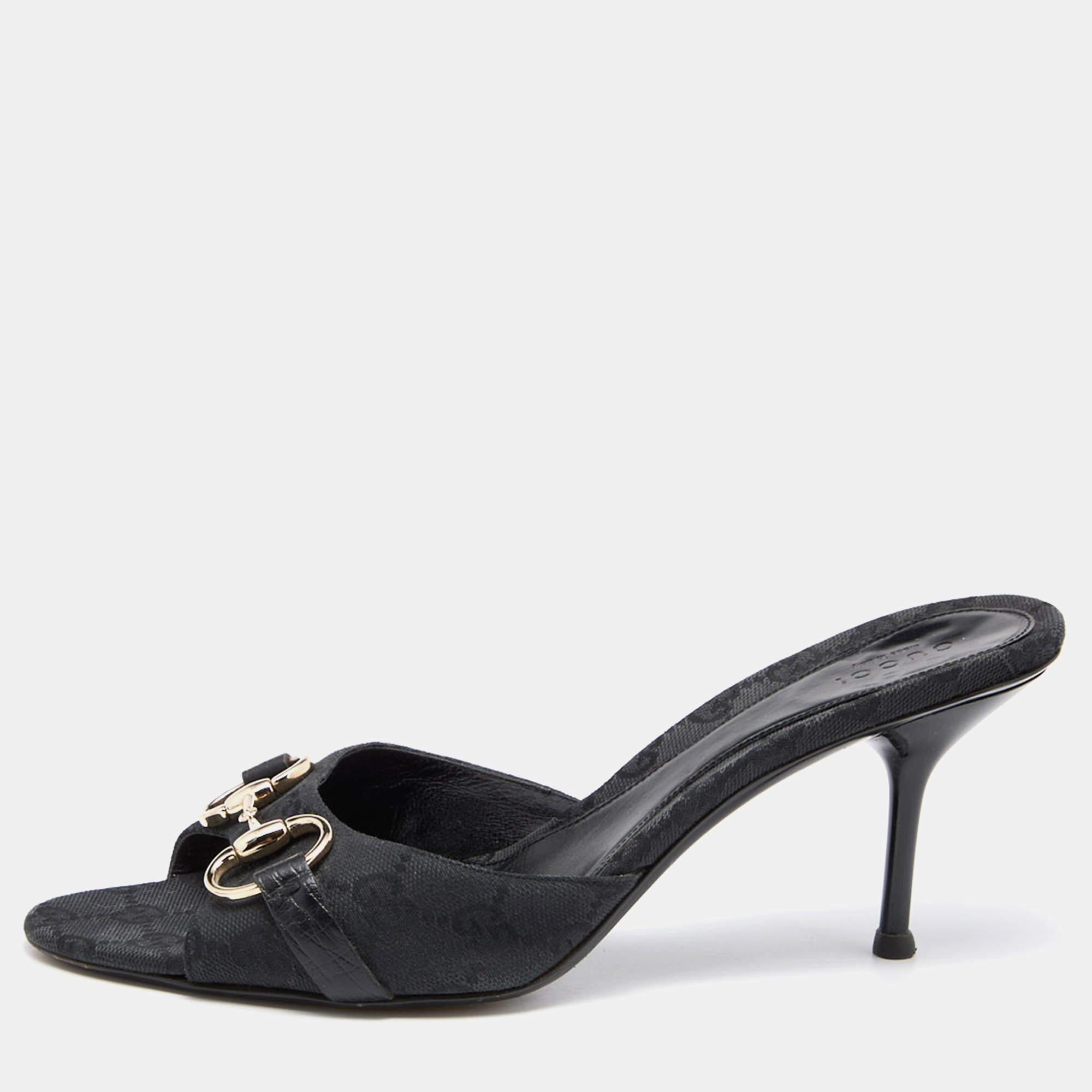 Gucci Black GG Canvas and Leather Horsebit Slide Sandals Size 40.5