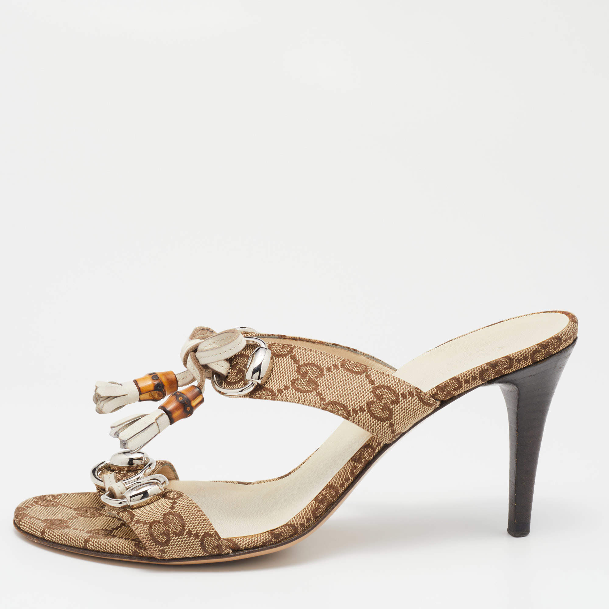 Pre Owned Gucci Brown Canvas Guccissima Bamboo Horsebit Sandals Size 39