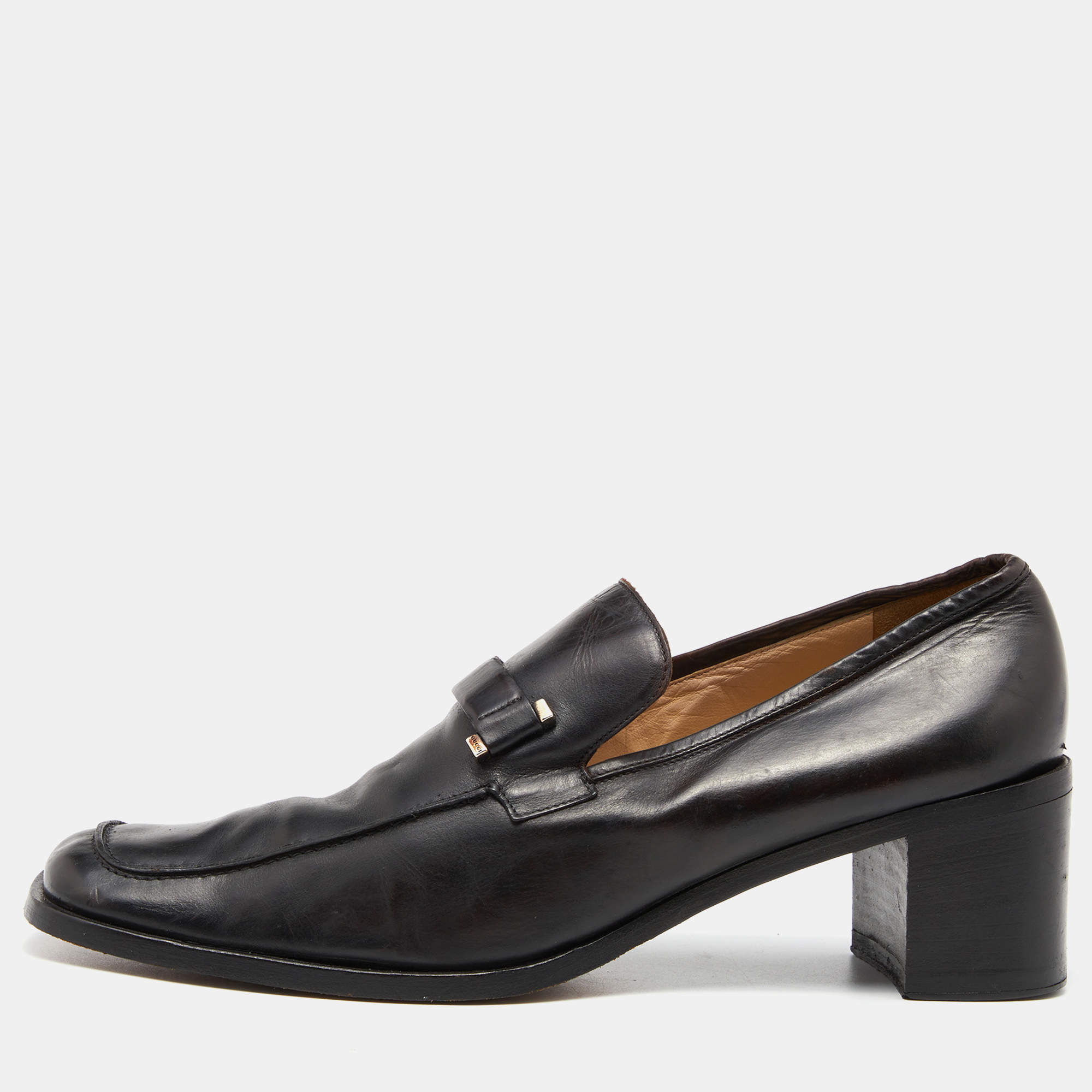 Pre Owned Gucci Black Leather Block Heel Loafer Pumps Size 40