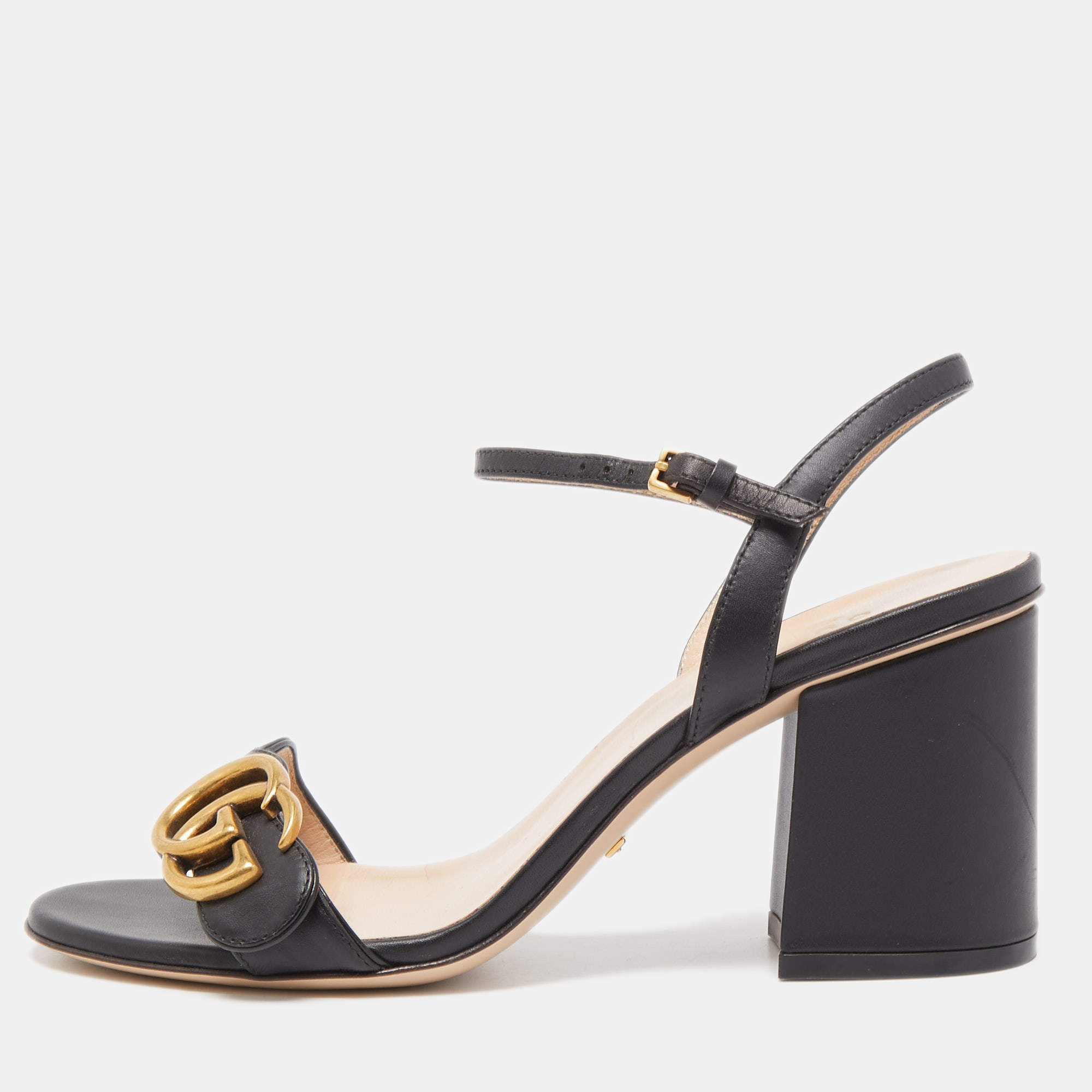 Gucci Black Leather GG Marmont Ankle Strap Sandals Size 36