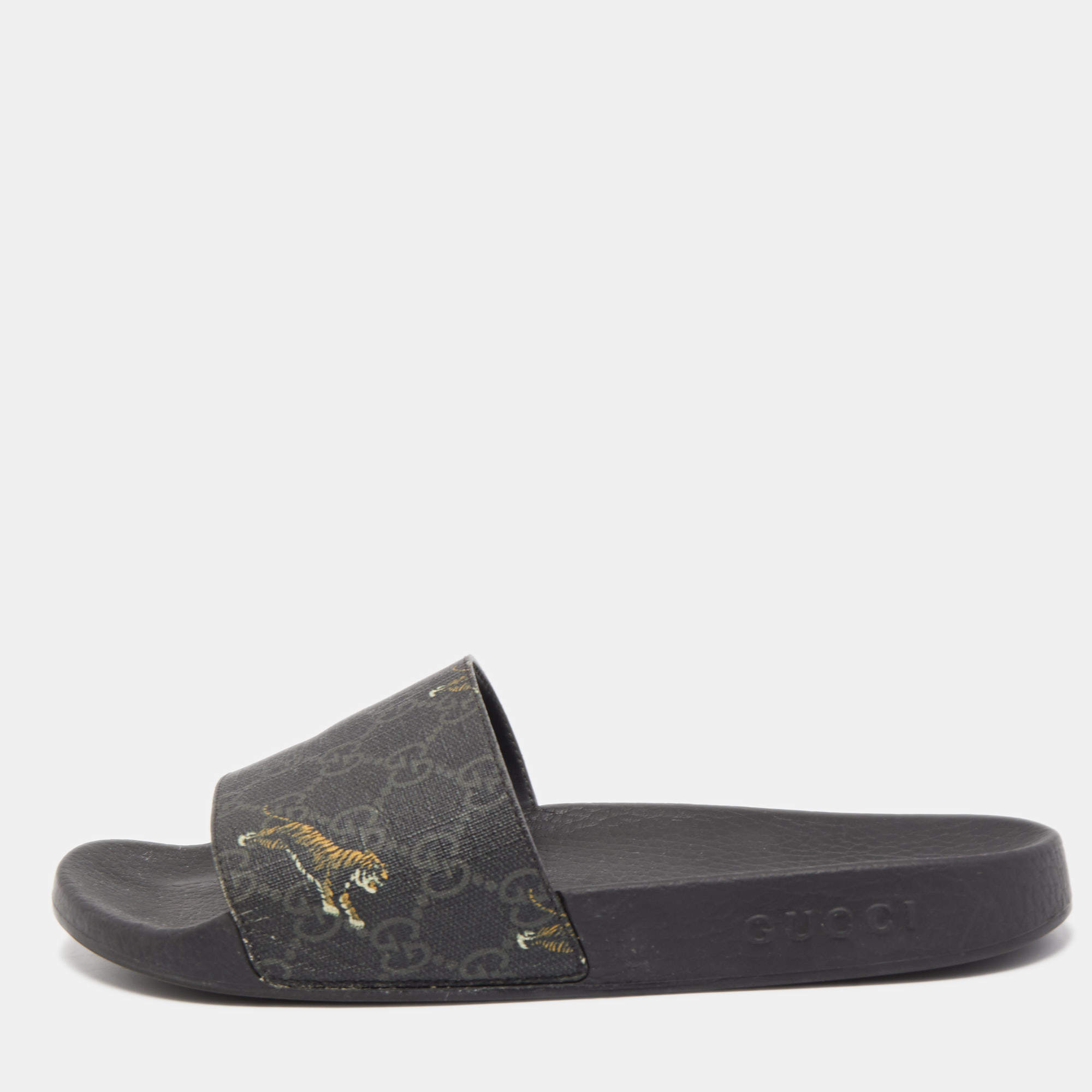 Gucci Black Supreme Canvas Tiger GG Slide Flats Size 36.5