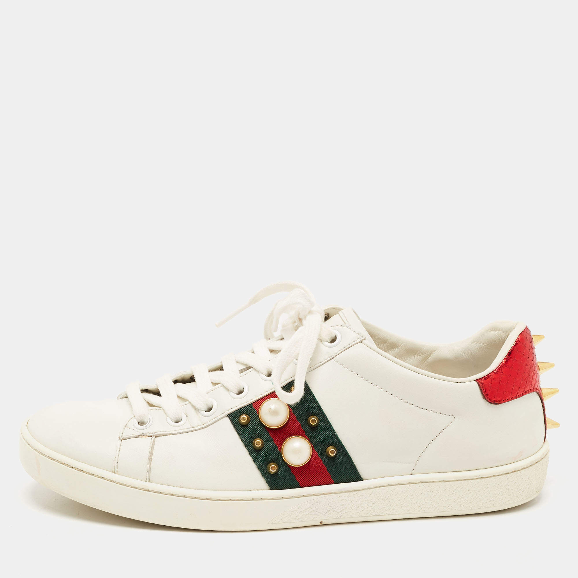 Pre Owned Gucci White Leather Faux Pearl Embellished Ace Sneakers Size 36.5