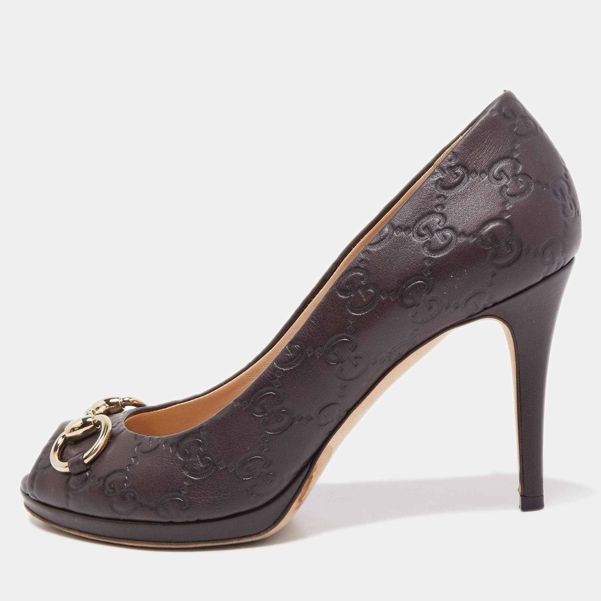 Gucci Dark Brown Guccissima Leather Horsebit Peep-Toe Platform Pumps Size 38.5