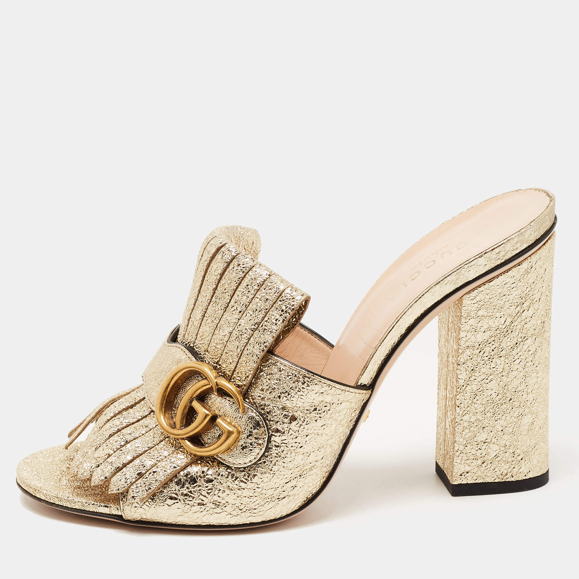 Pre Owned Gucci Gold Crinkled Leather GG Marmont Fringed Slide Sandals Size 39.5