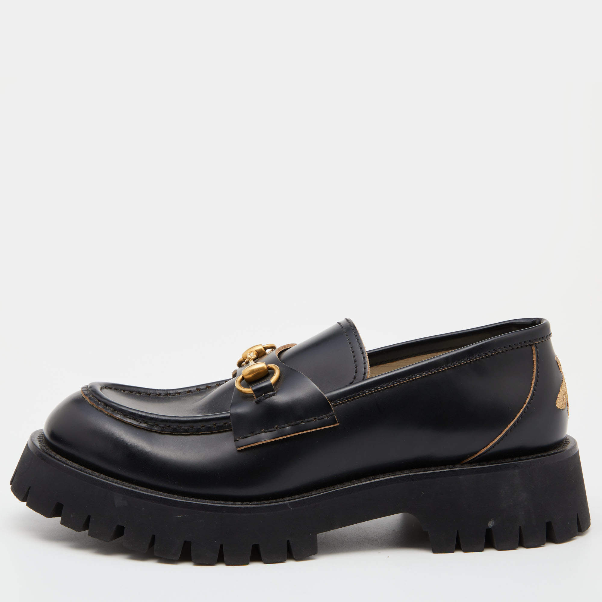 Pre Owned Gucci Black Leather Harald Horsebit Platform Loafers Size 41