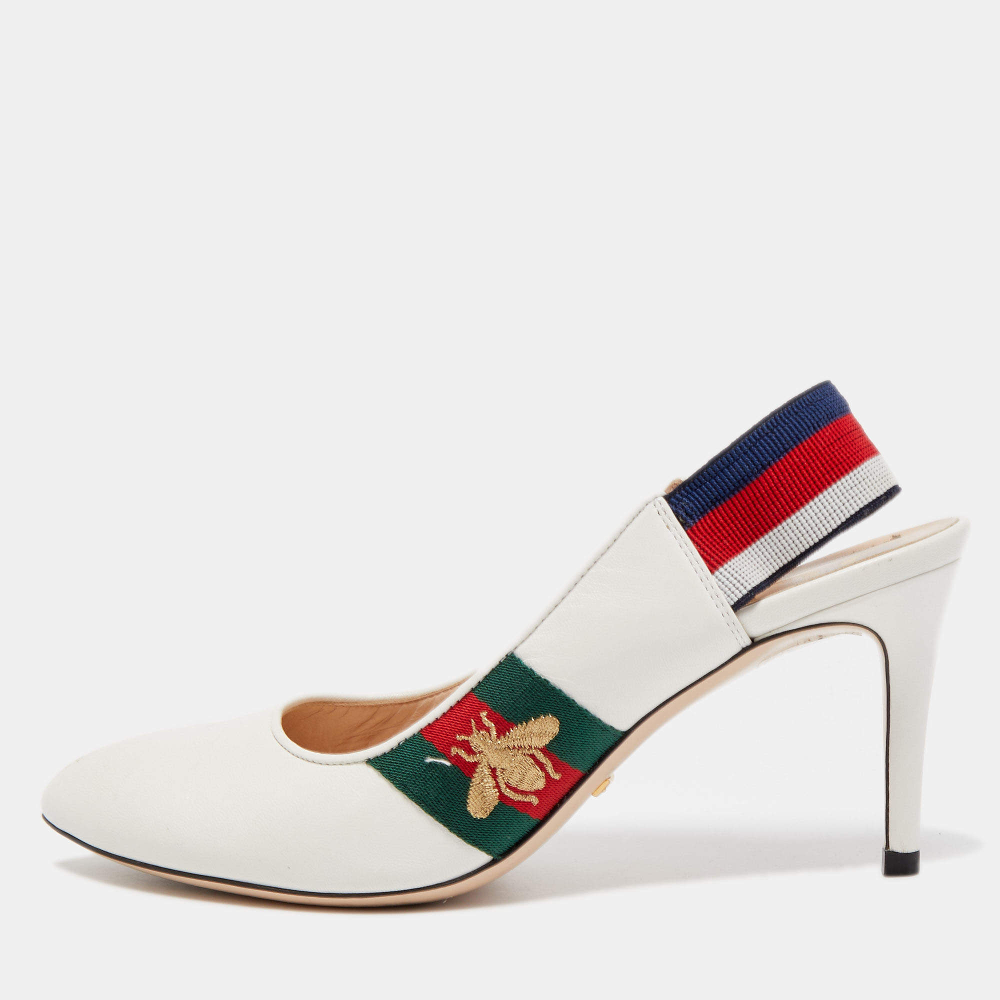 Pre Owned Gucci White Leather Sylvie Web Slingback Pumps Size 36.5