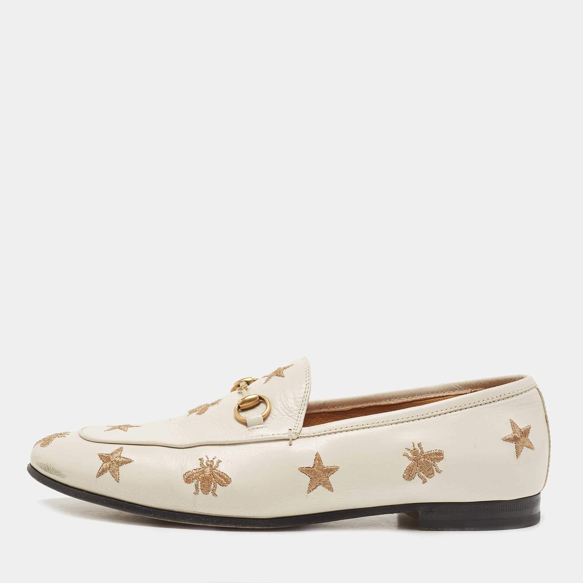 Pre Owned Gucci Cream Leather Jordaan Embroidered Bee Horsebit Slip On Loafers Size 39