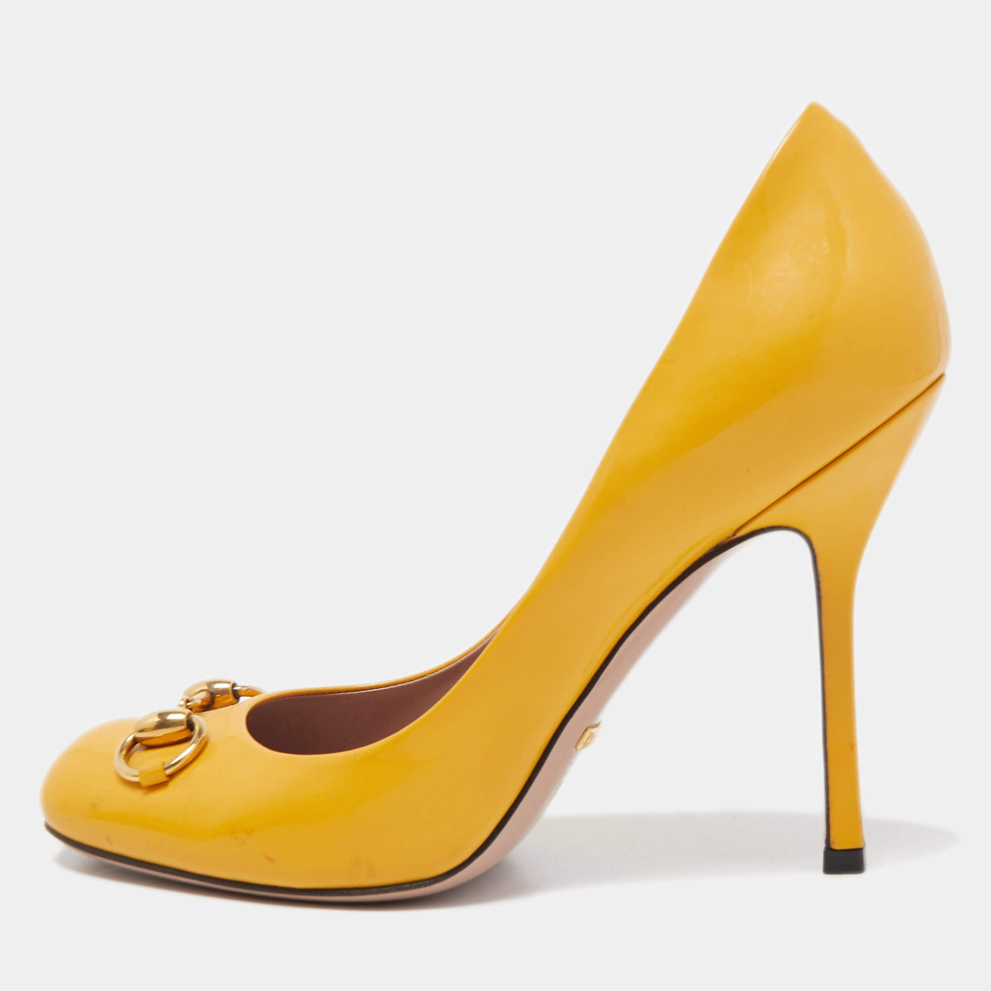 Pre Owned Gucci Yellow Patent Leather Horsebit Pumps Size 38.5