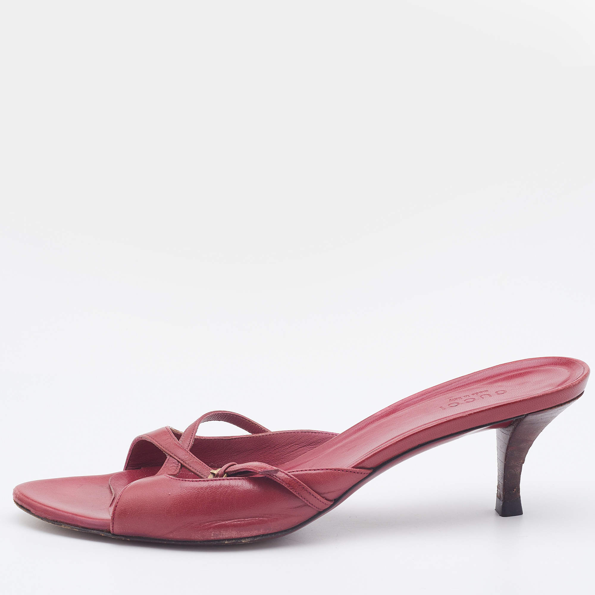 Pre Owned Gucci Cherry Red Leather Cross Slide Sandals Size 39