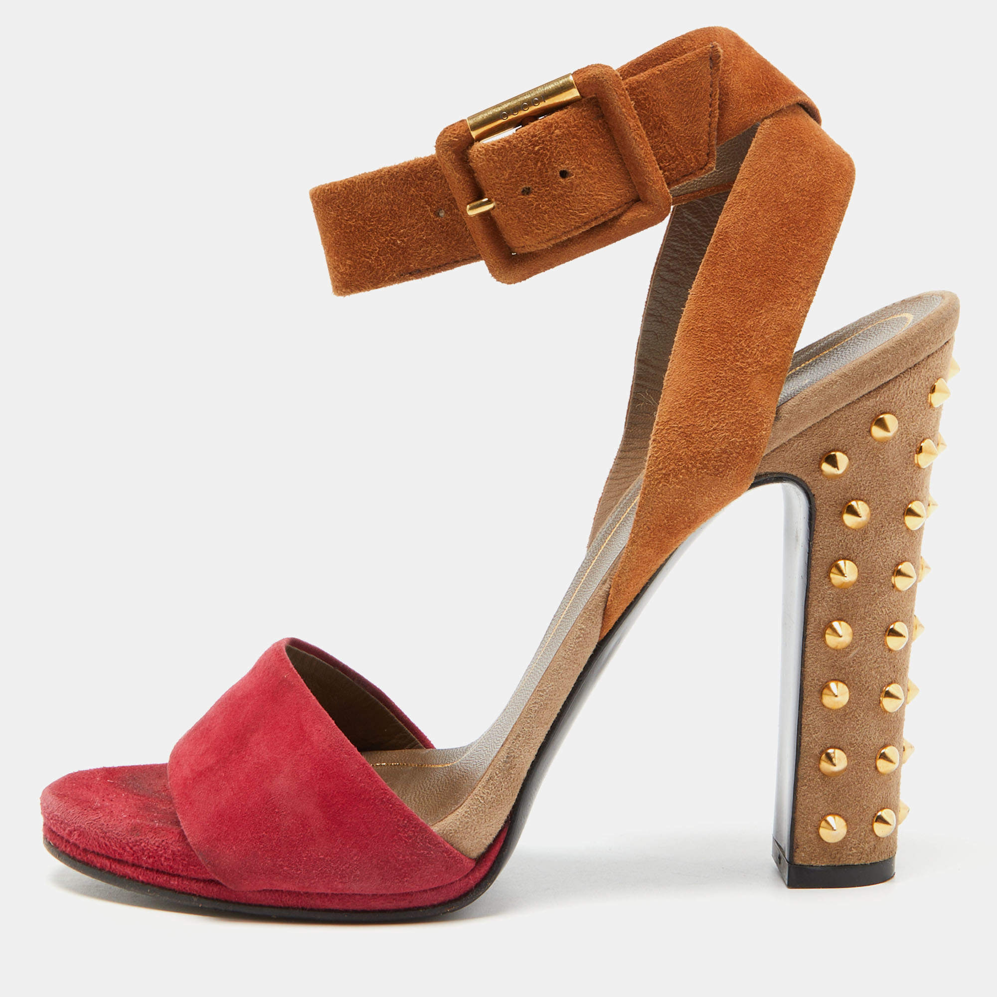 Pre Owned Gucci Two Tone Suede Madison Studded Heel Sandals Size 38.5
